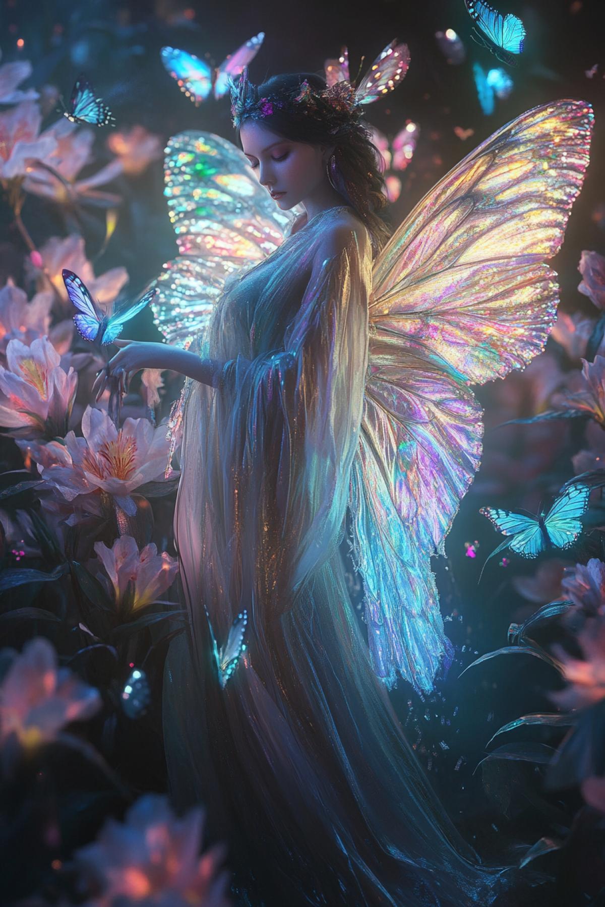 A graceful female enchantress with wings like those of a moth, shimmering with iridescent patterns. Her flowing robe is woven from silk strands that shift between reality and dream. She stands in a dimly lit garden of enormous, glowing flowers, her touch drawing forth spectral butterflies that drift around her. Eyes as deep and mysterious as midnight. Hyperrealistic textures, cinematic com4k, (Masterpiece: 1.5), (best quality: 1.5), ultra-HD 8K, dreamlike atmosphere, dramatic depth.
