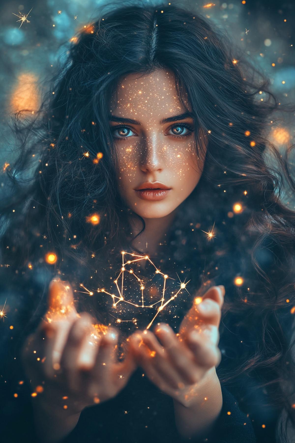 A female sorceress with skin that appears as a dark void speckled with stars, giving her a cosmic appearance. Her hair flows like dark smoke intertwined with shimmering constellations. She floats above a swirling nebula, her hands controlling floating astrolabes and glowing geometric sigils. Eyes like twin galaxies, intense and . Hyperrealistic textures, cinematic com4k, (Masterpiece: 1.5), (best quality: 1.5), ultra-HD 8K, cosmic mystical atmosphere, dramatic depth.