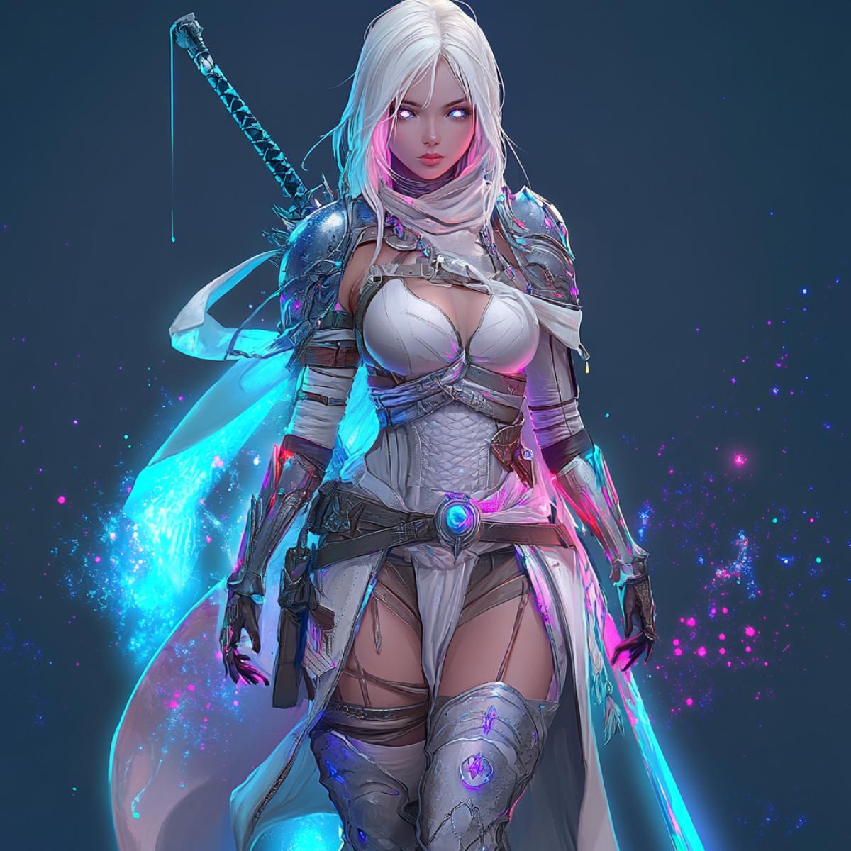 Fantasy Character, assassinscreed girl from another world, elegant, in light armor, cosmic blades, luminous eyes, shimmering tones, high detail, compulsory graphics