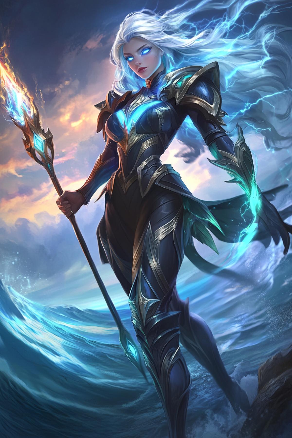 A striking female stormcaller with silver-blue hair that swirls like a living tempest, eyes glowing with the power of lightning. She wears sleek, form-fitting armor made of dark metal intertwined with glowing sapphire veins, pulsating like living electricity. Her left hand holds a spear forged from pure lightning, crackling with energy, while her right hand commands swirling storm clouds that spiral around her. She stands on the edge of a cliff above a raging ocean, the sky darkened by storm clouds split by flashes of lightning. Hyperrealistic textures, cinematic com4k, ultra-HD 8K, (Masterpiece: 1.5), (best quality: 1.5), dramatic lighting, epic atmosphere, dynamic 4k, intricate details.