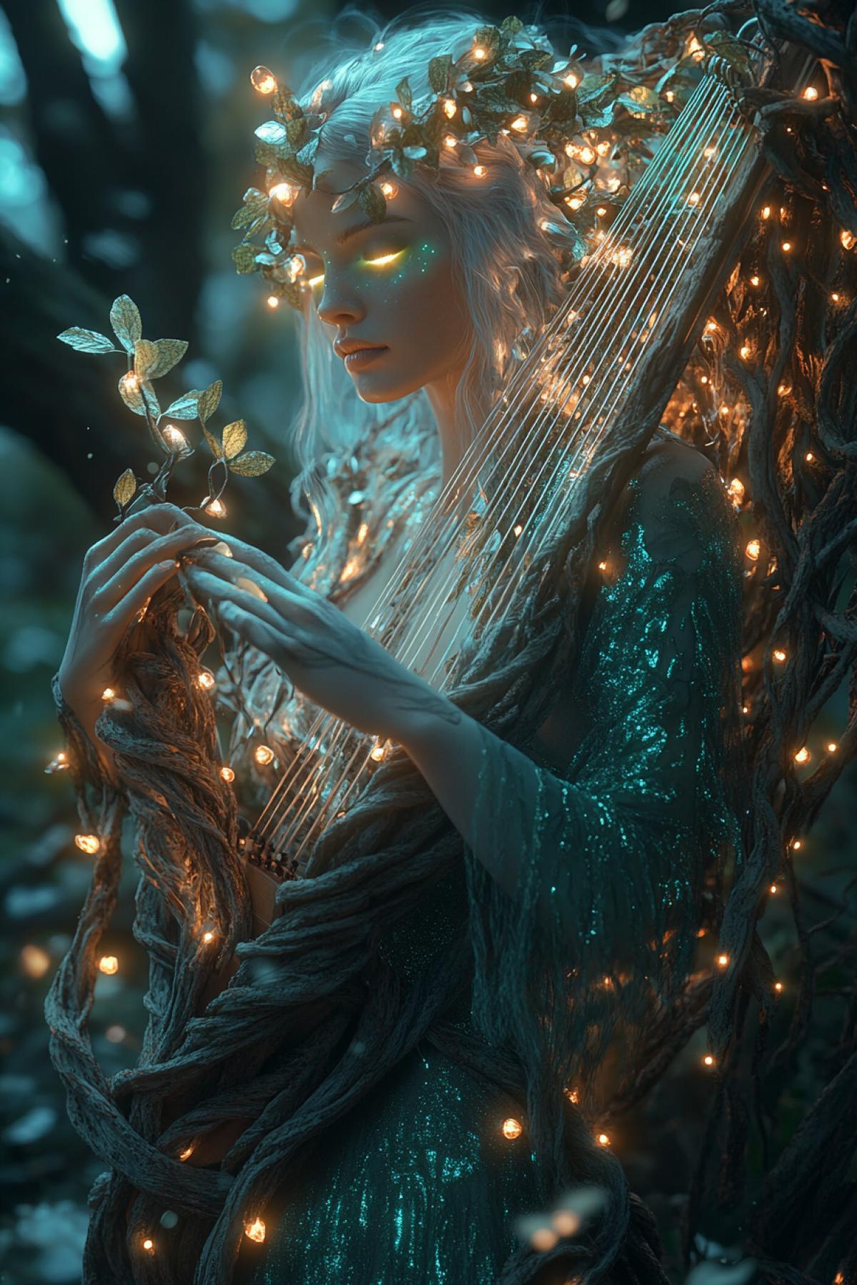 A graceful female forest guardian, her skin tinted with shades of emerald and silver, hair cascading like woven vines adorned with glowing blossoms. She wears an elegant dress crafted from living leaves and petals, shimmering softly with bioluminescence. Her eyes are luminous pools of jade, reflecting the life of the enchanted forest she protects. She stands amid towering, ancient trees, gently playing a harp made from twisted roots and crystal strings, each note summoning delicate, glowing creatures that dance around her in the twilight. The air shimmers with natural magic, the atmosphere both serene and powerful. Hyperrealistic textures, cinematic com4k, ultra-HD 8K, (Masterpiece: 1.5), (best quality: 1.5), enchanting lighting, ethereal ambiance, intricate details.
