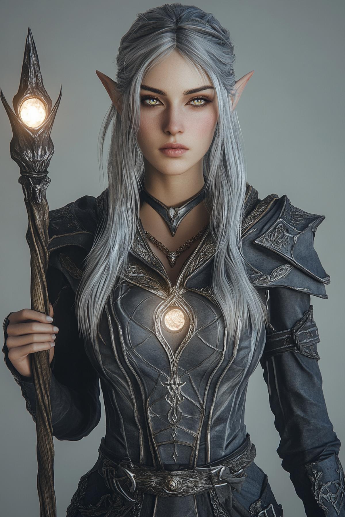 A striking female elven warrior-mage, standing confidently against a neutral gray background like a character selection screen in an MMORPG. She has silver hair cascading over her shoulders, eyes glowing faintly with mystical energy. She wears intricately detailed battle robes fused with light armor, decorated with ethereal, swirling patterns that subtly pulse with magical essence. Her left hand holds a sleek, radiant staff with a floating crystal at the top, while her right hand is adorned with glowing runic tattoos. The lighting highlights every intricate detail of her appearance, from her elegantly pointed ears to the delicate embroidery of her attire. Hyperrealistic textures, studio lighting, cinematic com4k, ultra-HD 8K, (Masterpiece: 1.5), (best quality: 1.5), neutral background, character selection style, sharp focus, dramatic shading.
