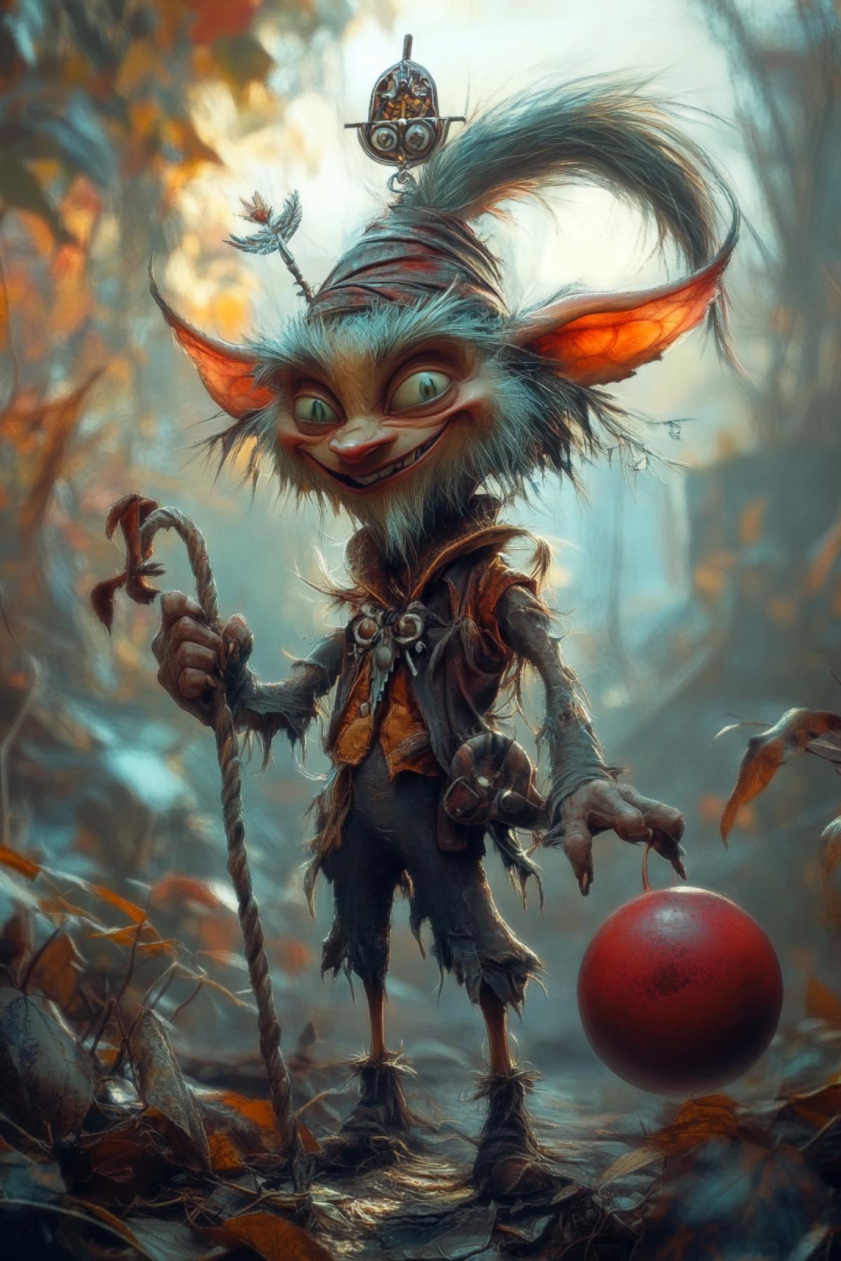 Fantasy character, Kender Vorishka Tasselhof Fidget, with Hulahup in his hand, a crest on his head. Funny goodnatured, Picksar