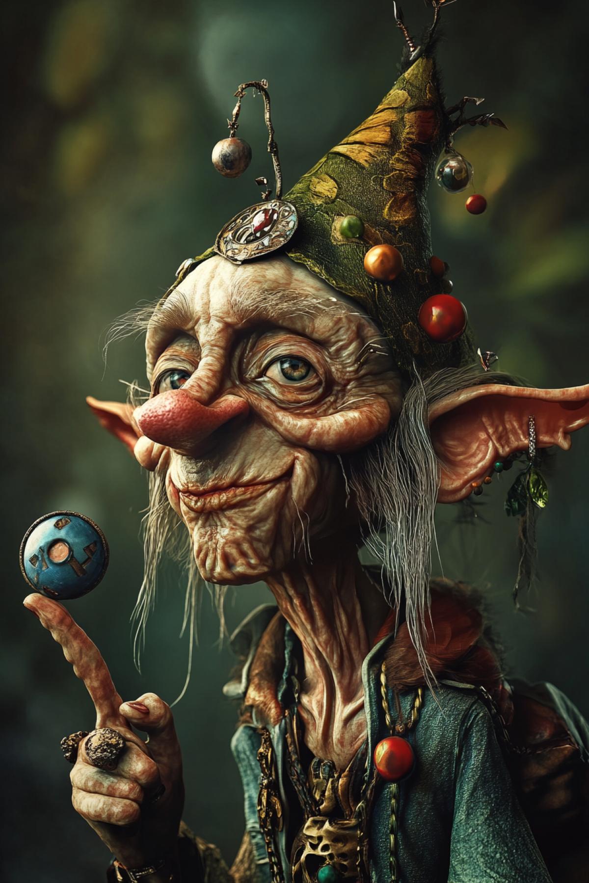 Fantasy character, Kender Vorishka Tasselhof Fidget, with Hulahup in his hand, a crest on his head. Funny goodnatured, picksar, surrealism, magic, caricature