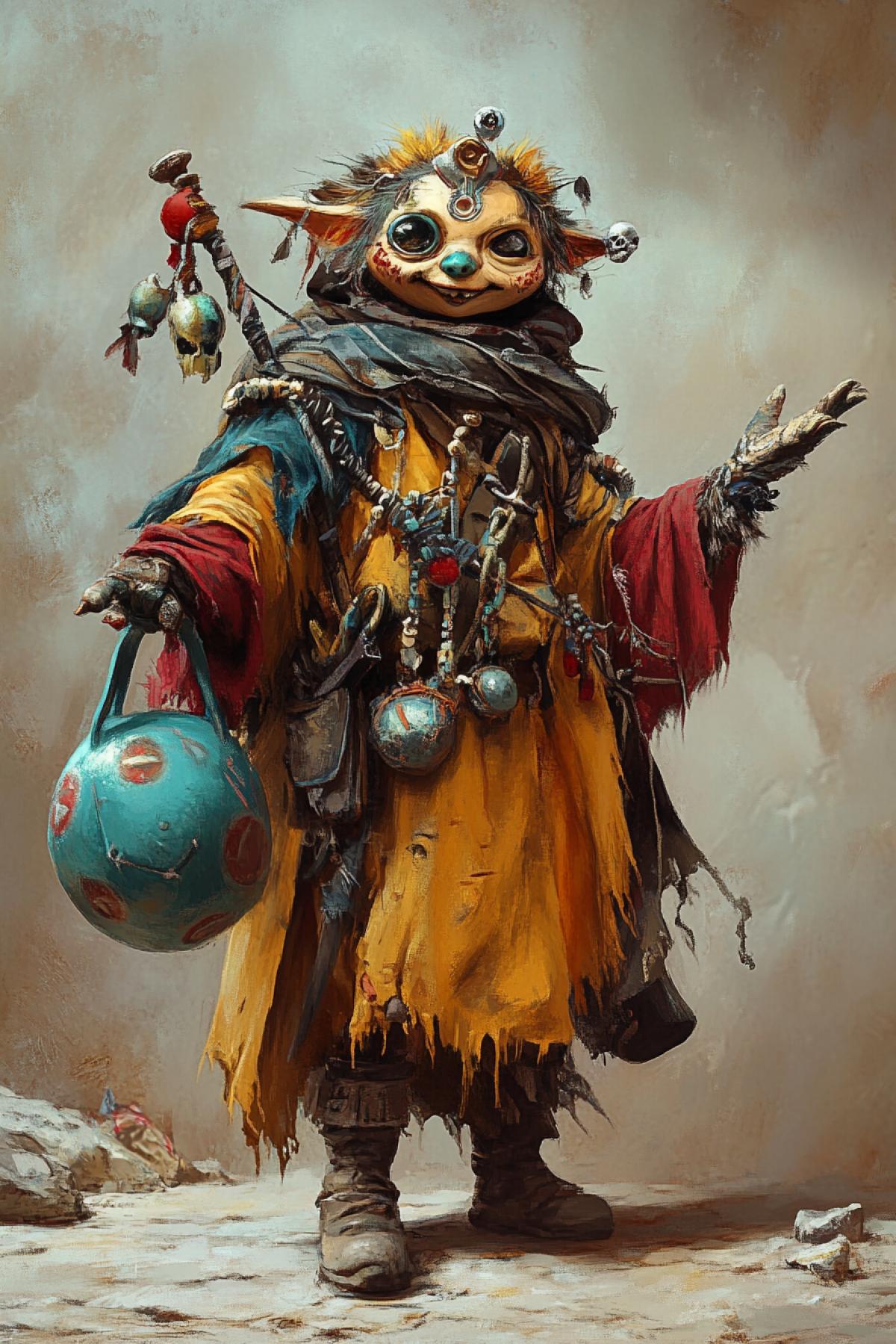 Fantasy character, Kender Vorishka Tasselhof Fidget, with Hulahup in his hand, a crest on his head. Funny goodnatured, crafty, magic