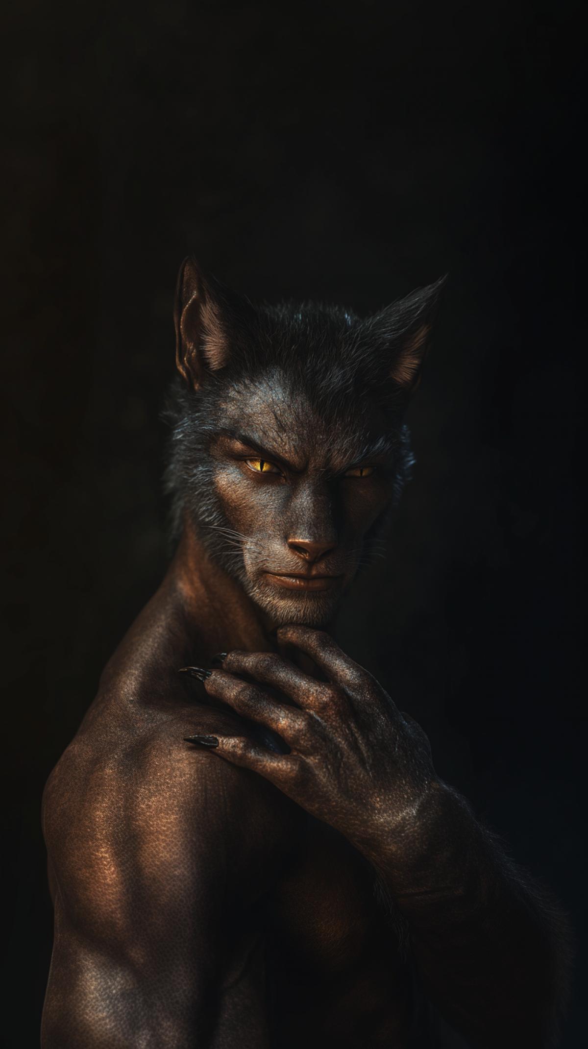 A hyper-realistic anthropomorphic hybrid, a human with subtle animal features. A fit human with smooth skin, but a face blending human and animal traits: expressive feline eyes, soft pointed wolf ears, and a faint fur-like texture along the jawline. The nose is slightly feline, but lips and facial proportions remain human. Hands with subtle retractable claws, and a sleek, elegant tail flowing behind. The lighting is cinematic, with soft shadows highlighting the blend of textures. Ultra-detailed, 8K, photorealistic, cinematic lighting, perfect anatomy