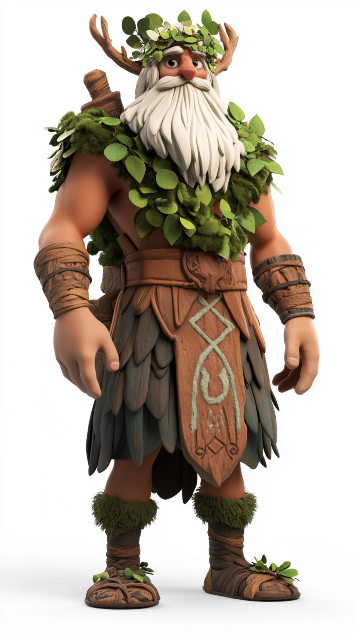 A 3D model of a Druid, made in the style of folklore Disney animation, is highlighted on a white background