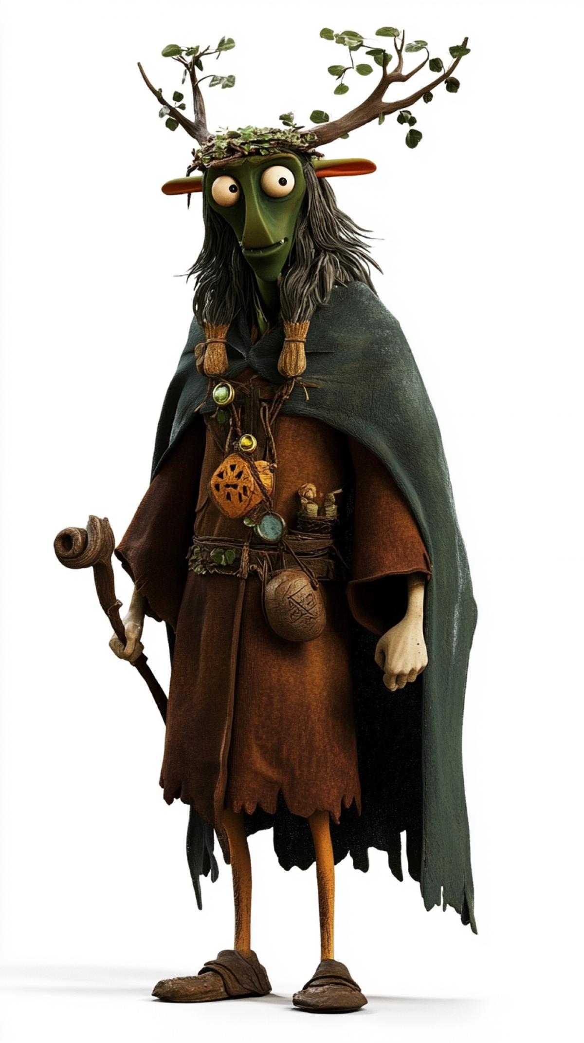 A 3D model of a Druid, made in the style of folklore Disney animation, is highlighted on a white background