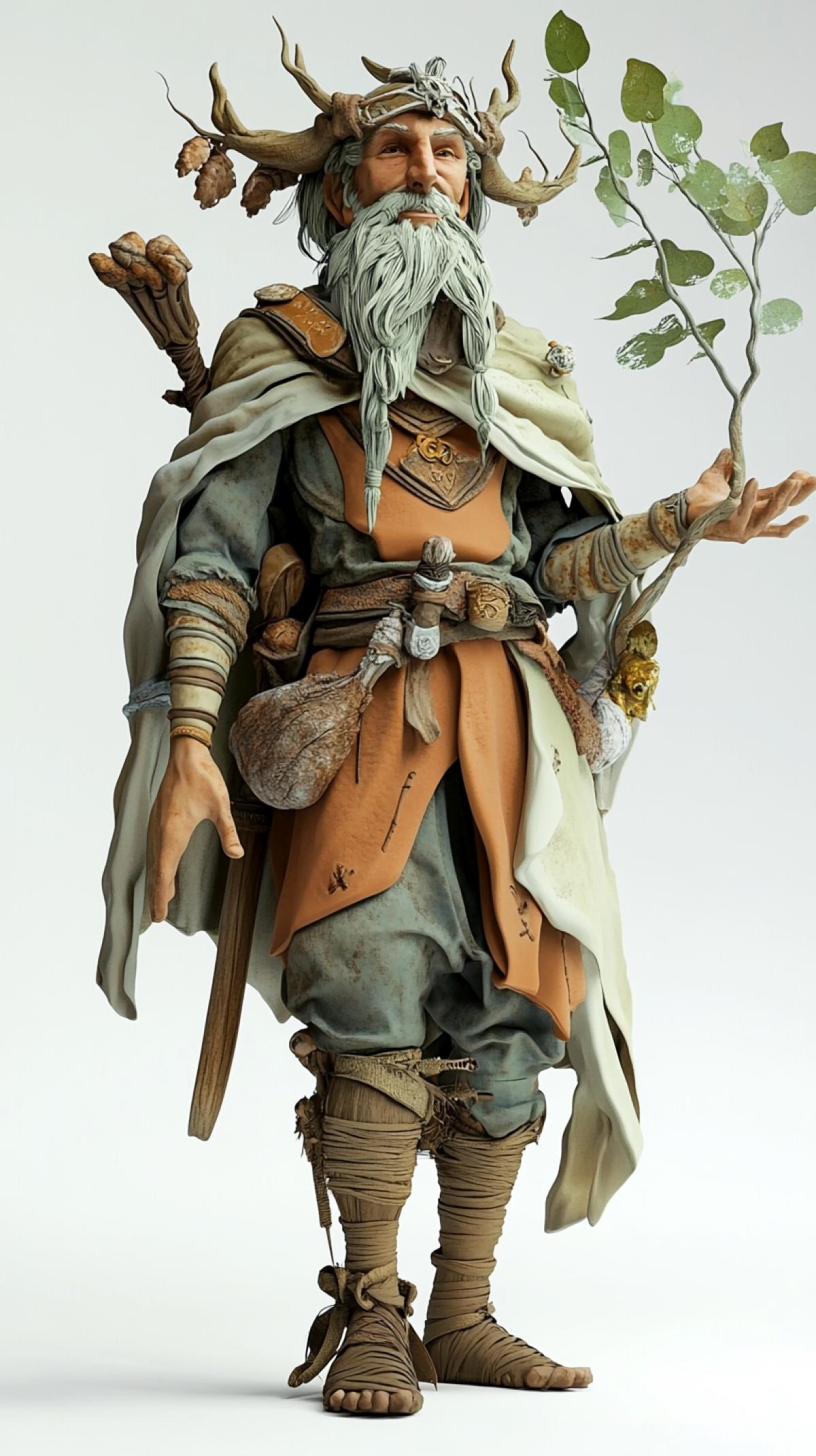 A 3D model of a Druid, made in the style of folklore Disney animation, is highlighted on a white background