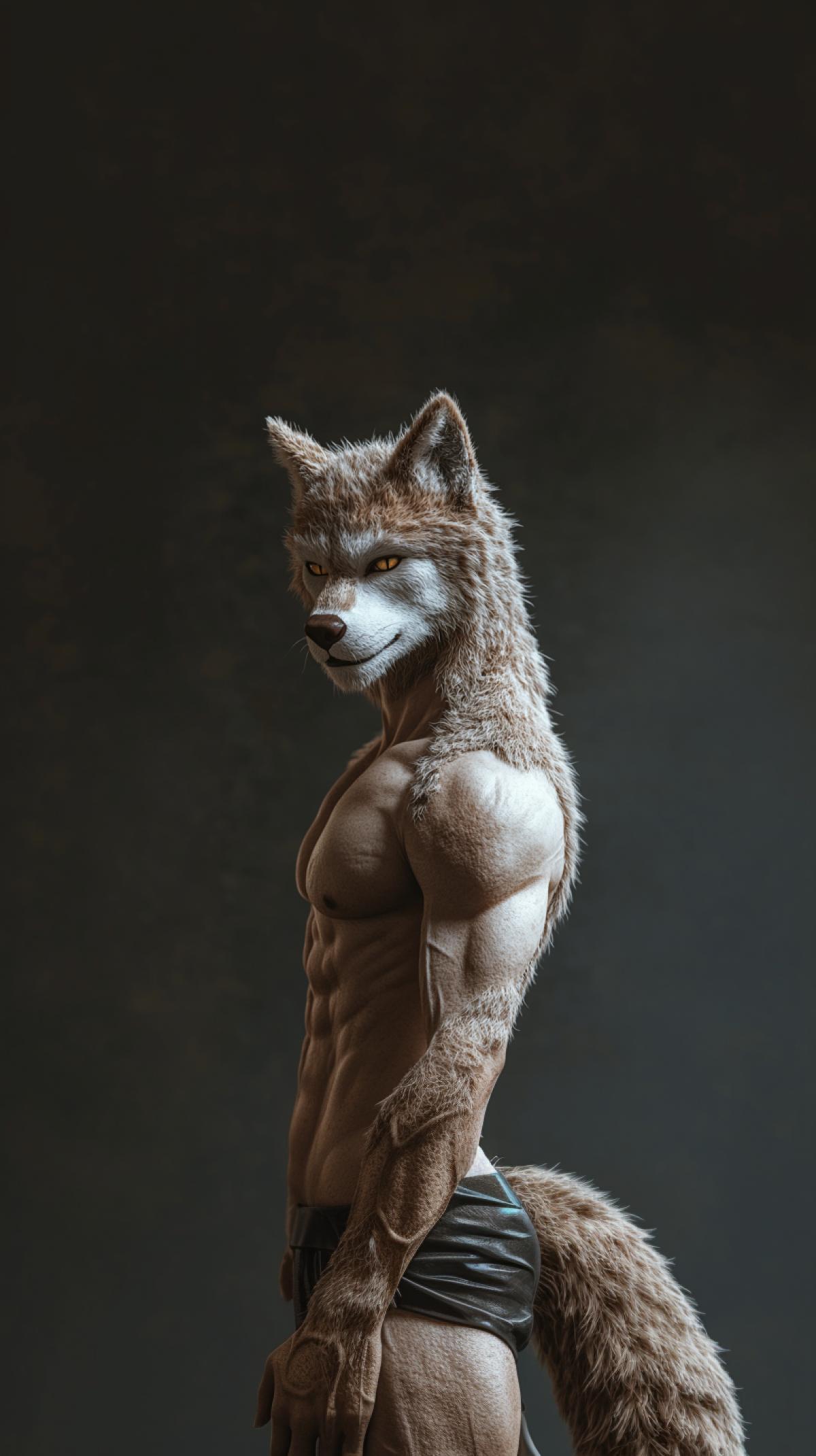 A full-length hyper-realistic anthropomorphic hybrid, a human with luxuryly noticeable animal features. A toned human with smooth skin, but the face combines human and animal features: expressive feline eyes, soft pointed wolf ears and a light texture resembling fur along the chin line. The nose is a bit feline, but the lips and facial proportions remain human. Arms with thin retractable claws and a sleek, elegant tail fluttering from behind. The lighting is cinematic, with soft shadows accentuating the combination of textures. Ultra-detailed, 8K, photorealistic, cinematic lighting, perfect anatomy