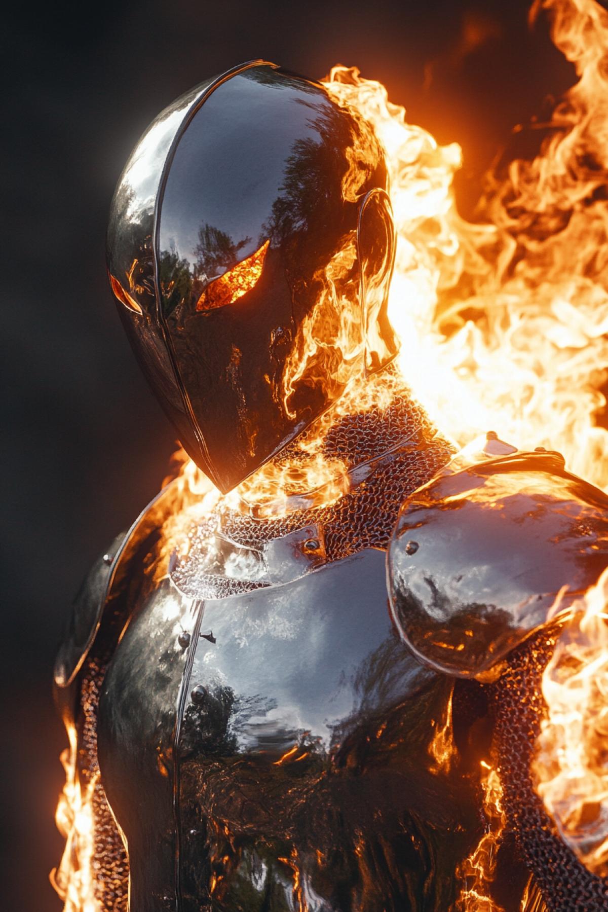 A pauline knight in silver armor and a fiery cloak developing behind his back.