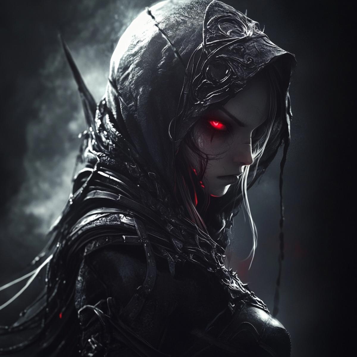 She is an alien creature, assassinscreeds, half a beast, fangs, red eyes, fulllength, tix fantasy, a gloomy atmosphere, tumbles overflowing tones, high detail, and realistic graphics