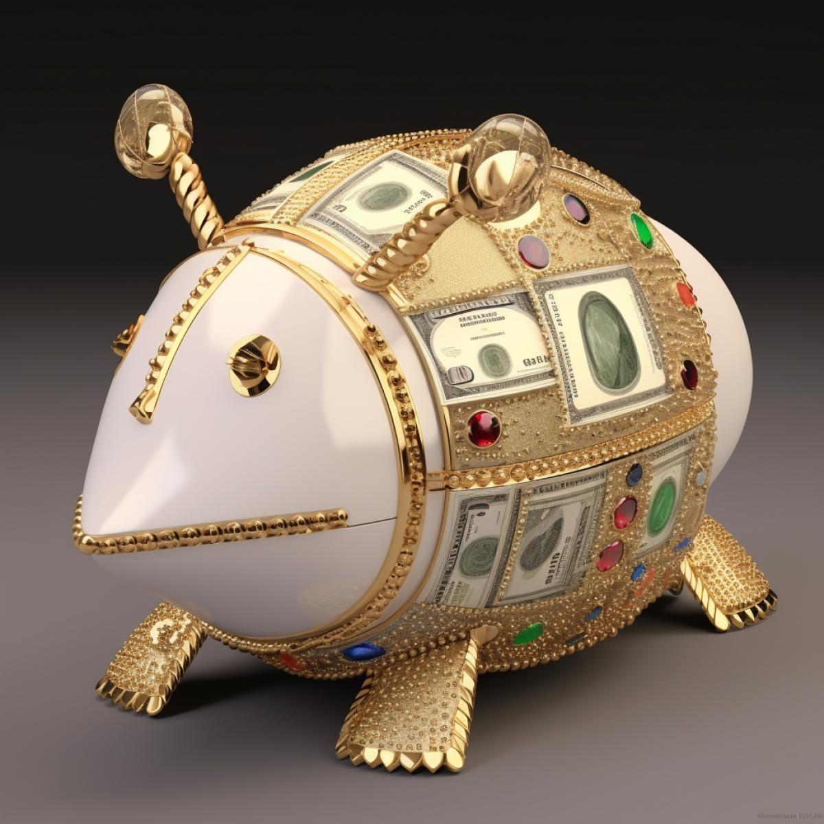 A piggy bank in the form of a beautiful beetle with gems