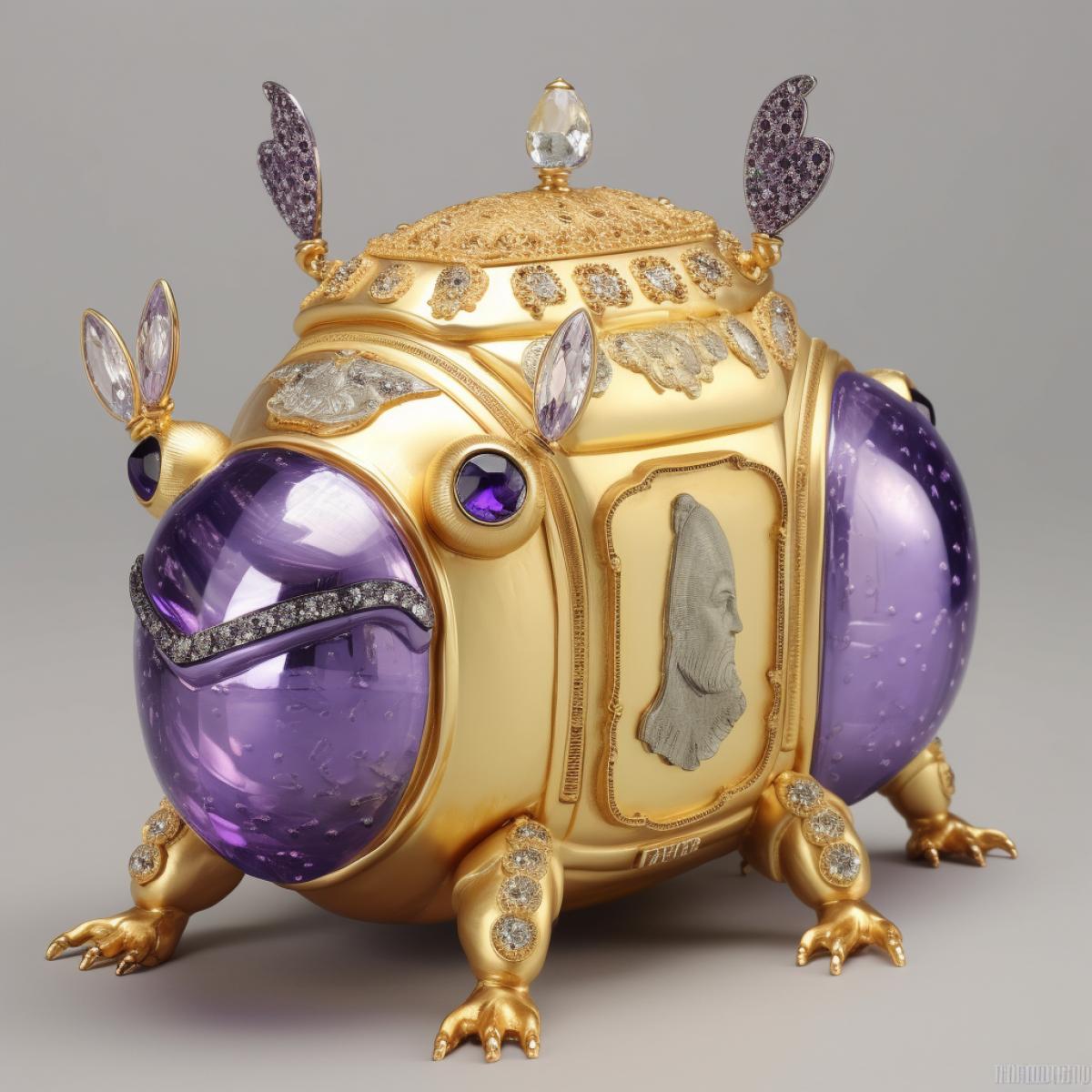 A piggy bank in the form of a beautiful beetle with gems