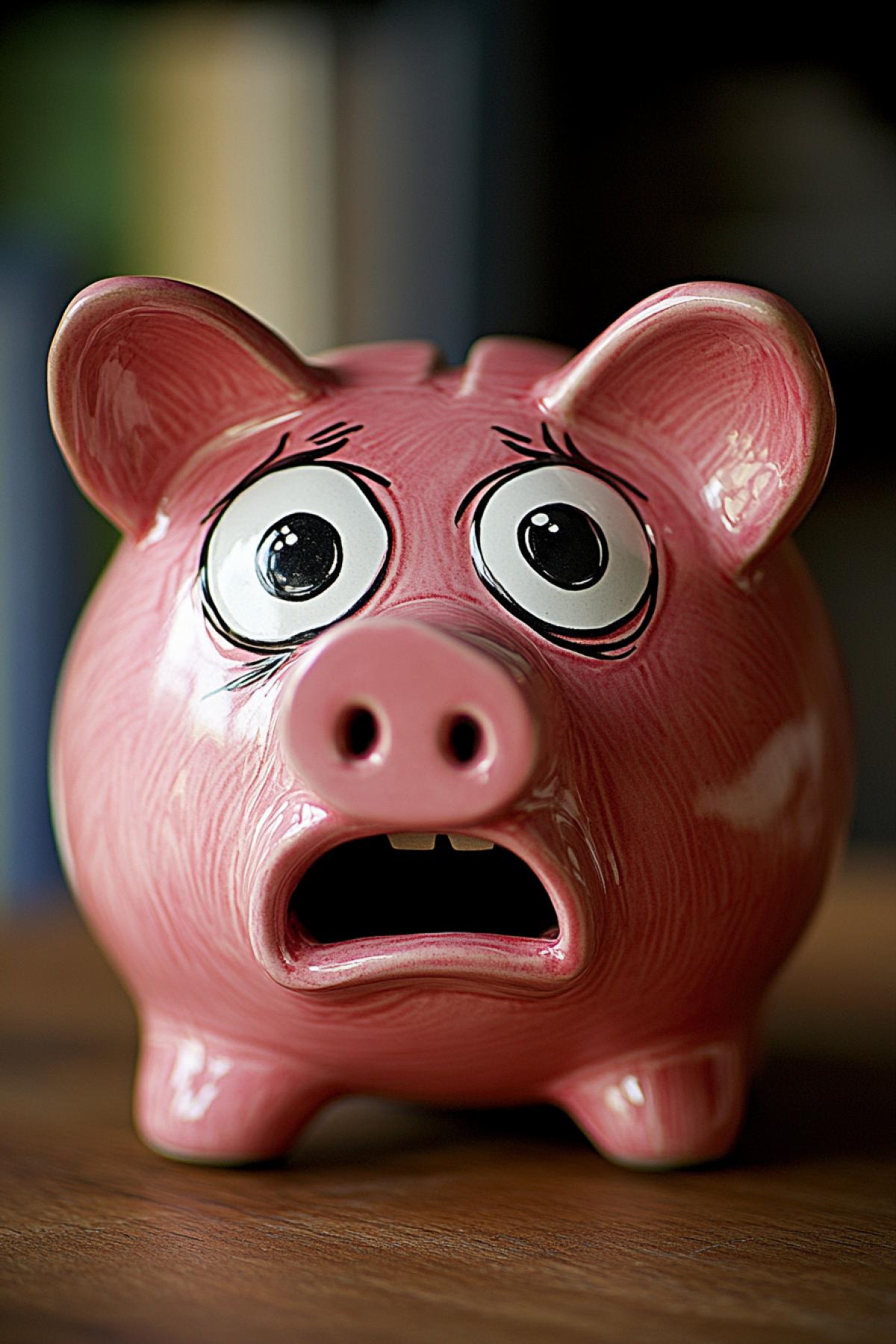 a pink porcelain piggy bank with a very scared expression