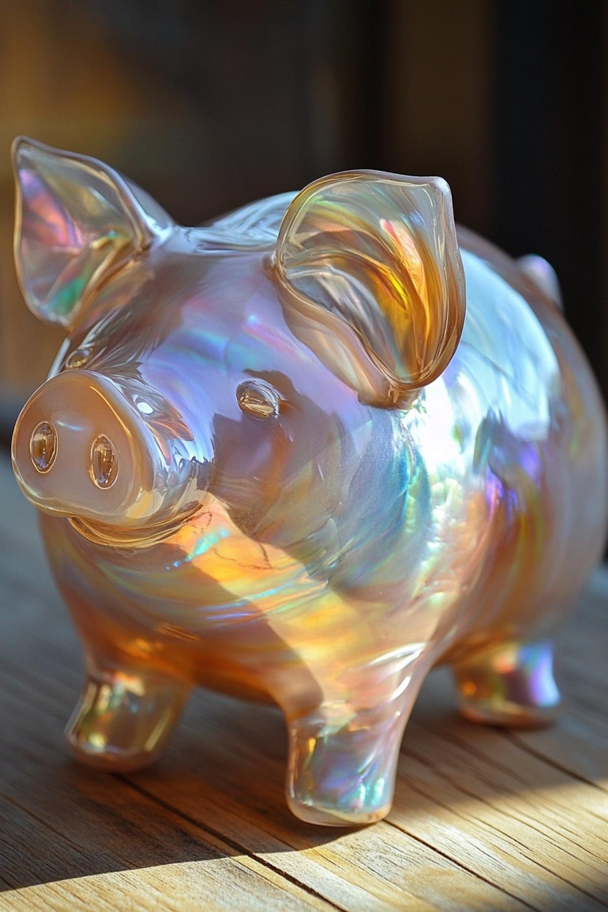 Pigging piggy bank. Pig a piggy bank for coins made of motherofpearl glass.