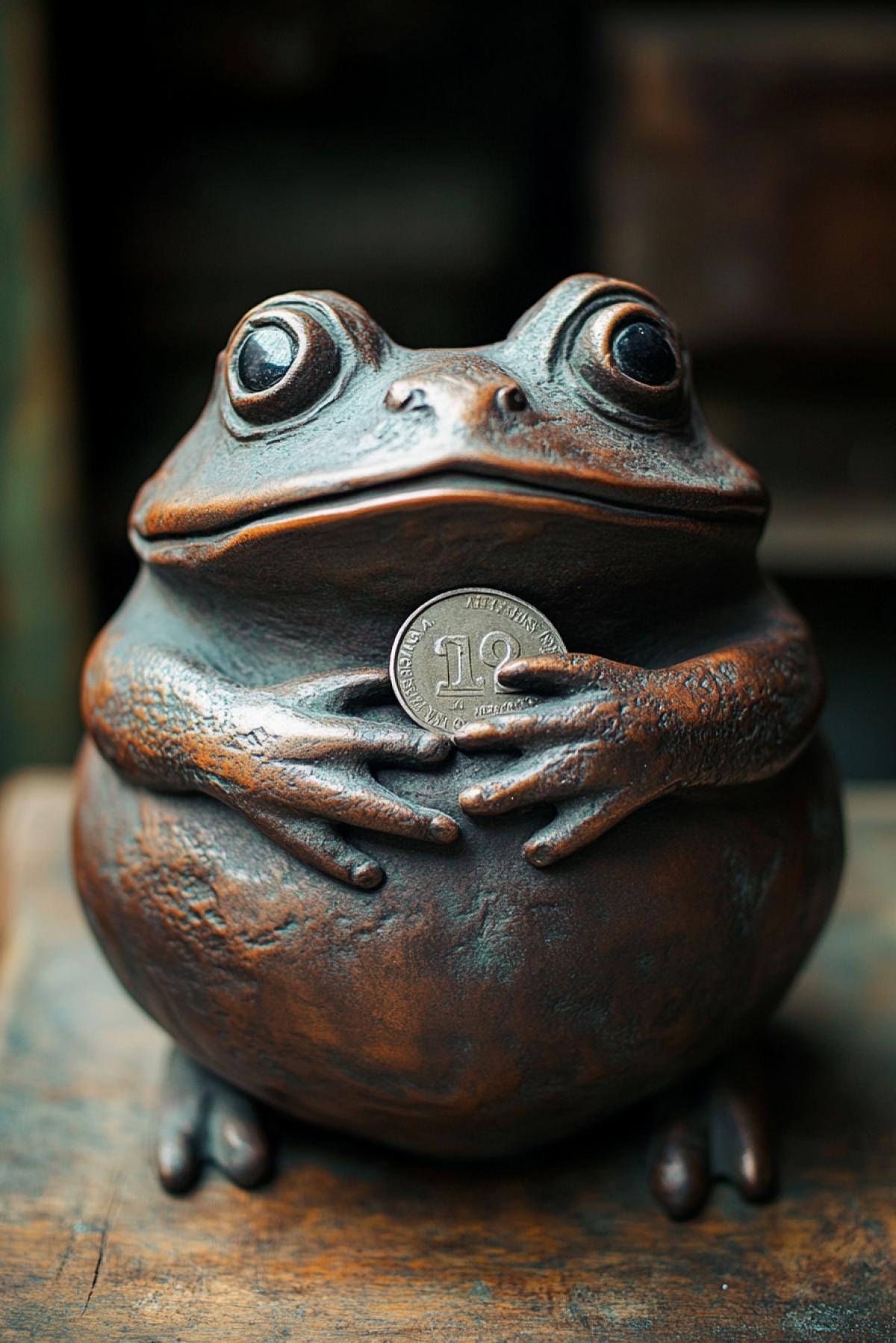 A piggy bank for coins in the form of a thick toad of a hugging coin.