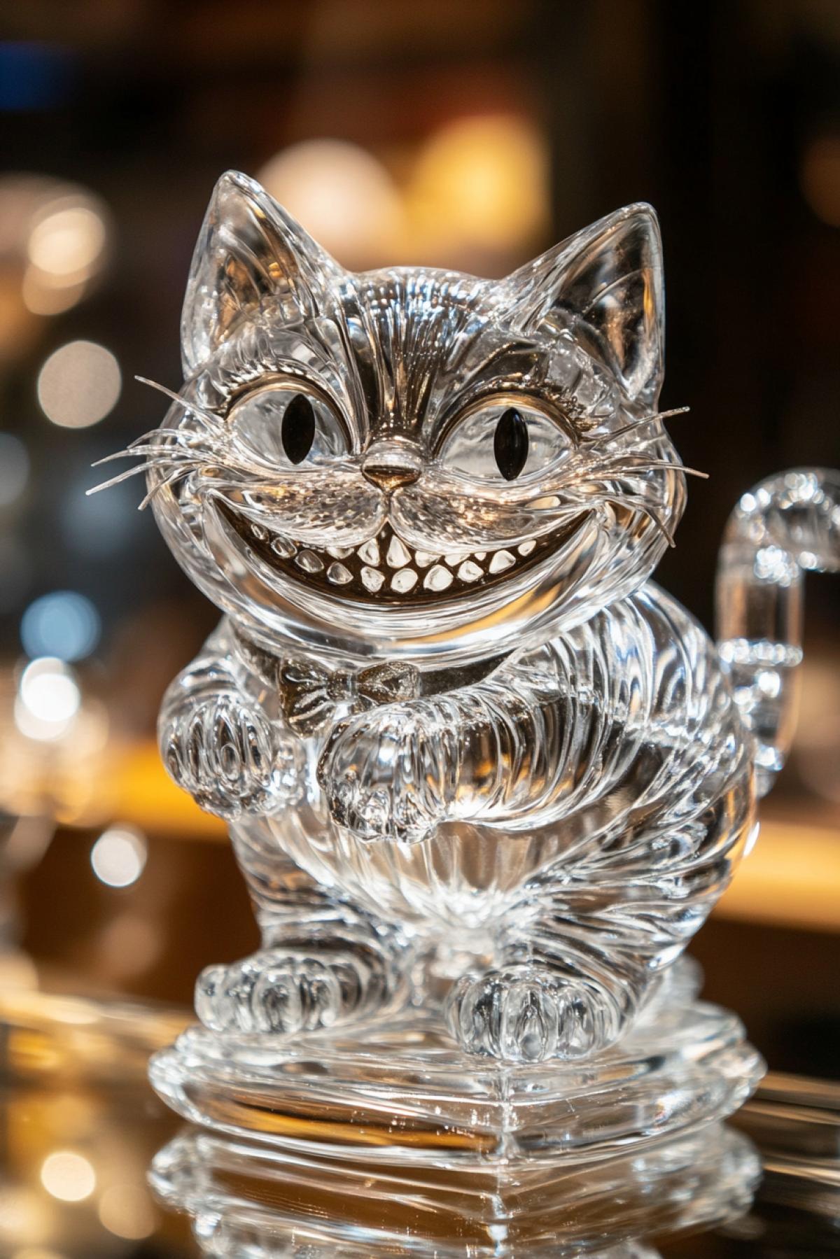 Crystal piggy bank in the form of a Cheshire cat on a cute stand