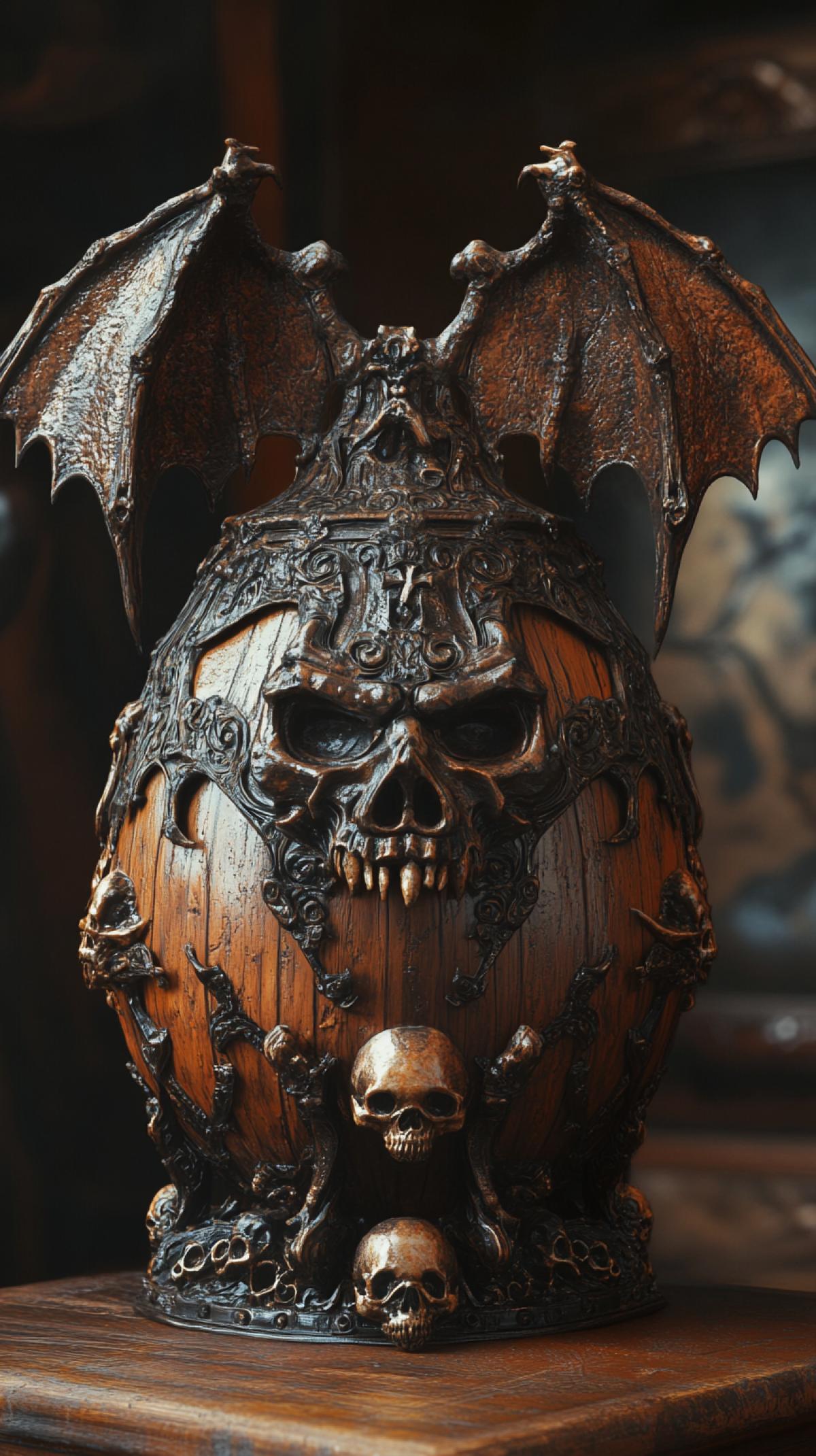 A gothic piggy bank, crafted from dark wood and intricately carved bone, featuring gargoyles and skulls, a mystical atmosphere, detailed textures, octane render