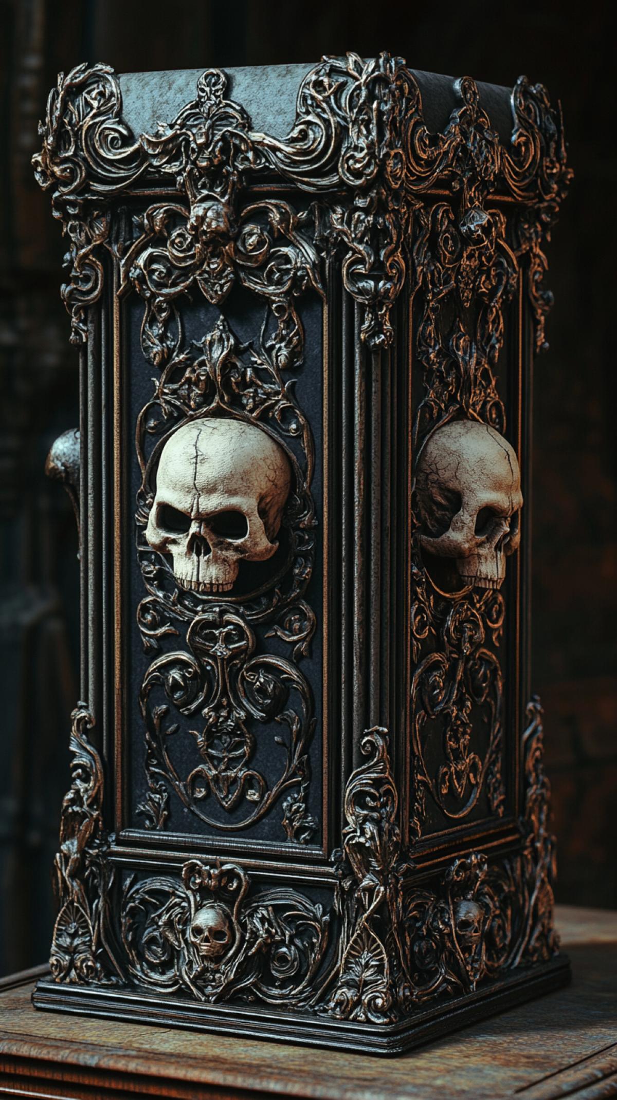 A gothic piggy bank, crafted from dark wood and intricately carved bone, featuring gargoyles and skulls, a mystical atmosphere, detailed textures, octane render
