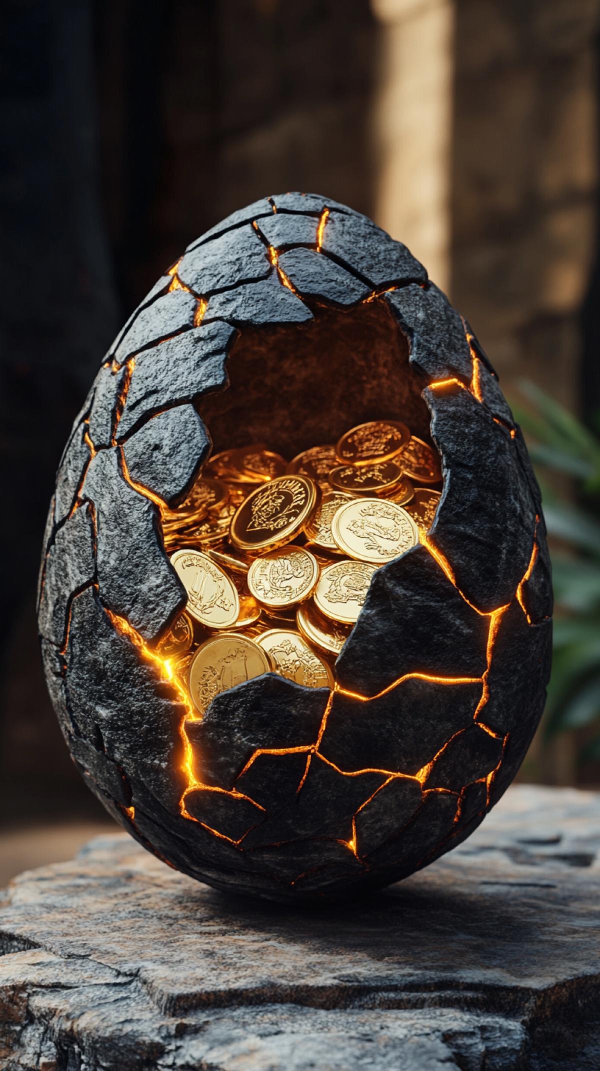 A piggy bank in the shape of a mystical, ancient stone dragon egg, cracked luxury glowing gold coins inside, fantasy art, highly detailed, octane render, 8k
