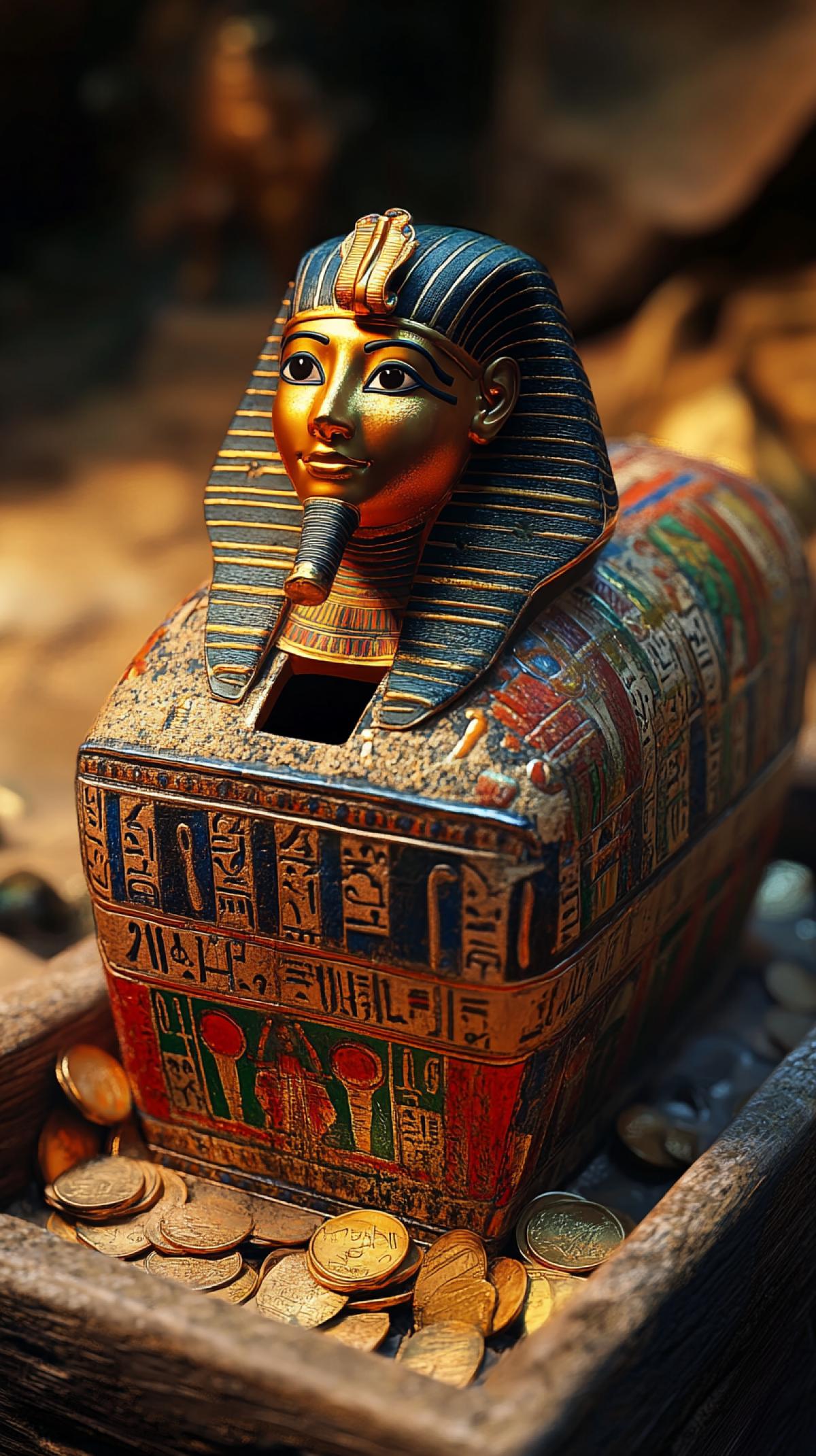 A miniature ancient Egyptian sarcophagus piggy bank, hieroglyphs carved into the surface, painted in vibrant colors, a small sphinx guarding the coin slot, highly detailed, 8k resolution