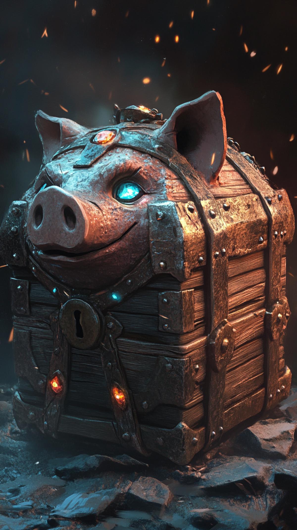 A weathered, ancient treasure detailed piggy bank, rusted iron bands, cracked wood, magical glowing gems embedded in the wood, a small dragon guarding the coin slot, concept art, trending on artstation