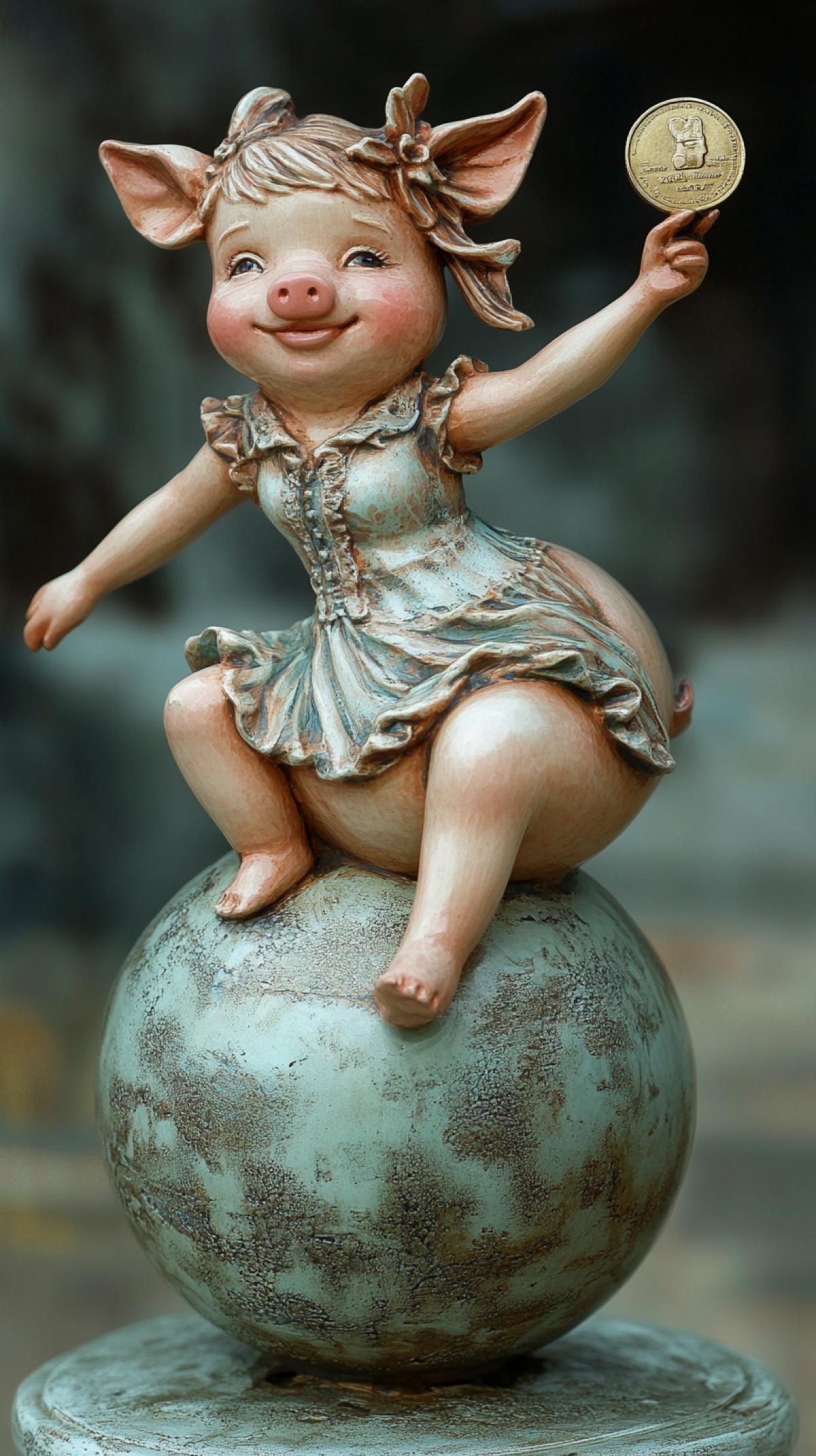 Pig a piggy bank for coin-girl on a ball