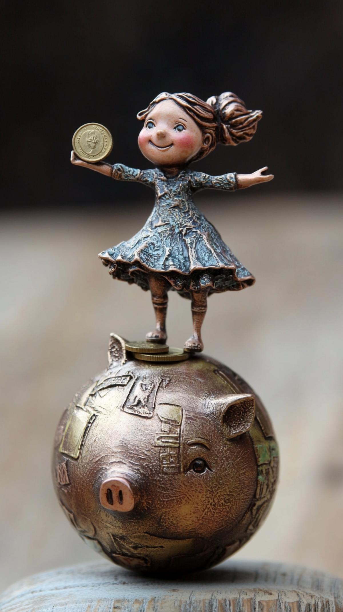 Pig a piggy bank for coin-girl on a ball