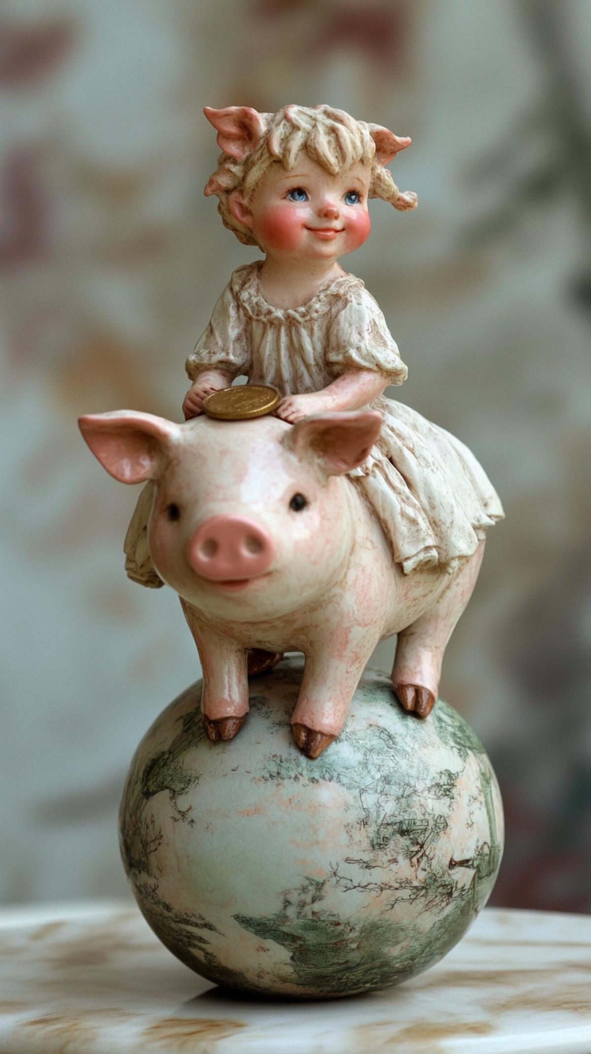 Pig a piggy bank for coin-girl on a ball