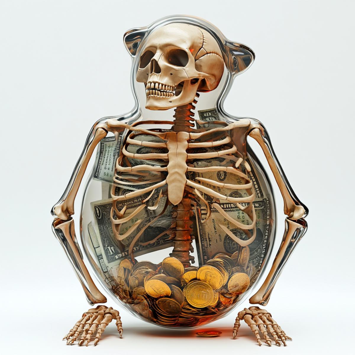 The human skeleton is depicted in the form of a piggy bank for money, coins, paper money, tix iridescent tones, high detail, realistic graphics