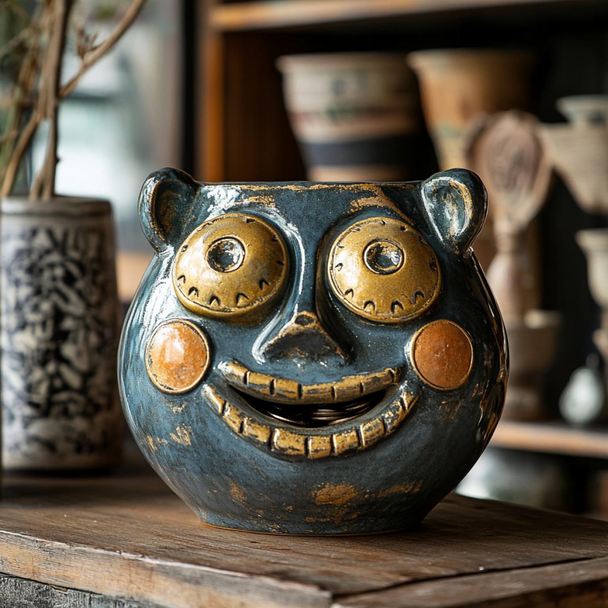 A piggy bank for coins in the form of a persons face with big inflated cheeks