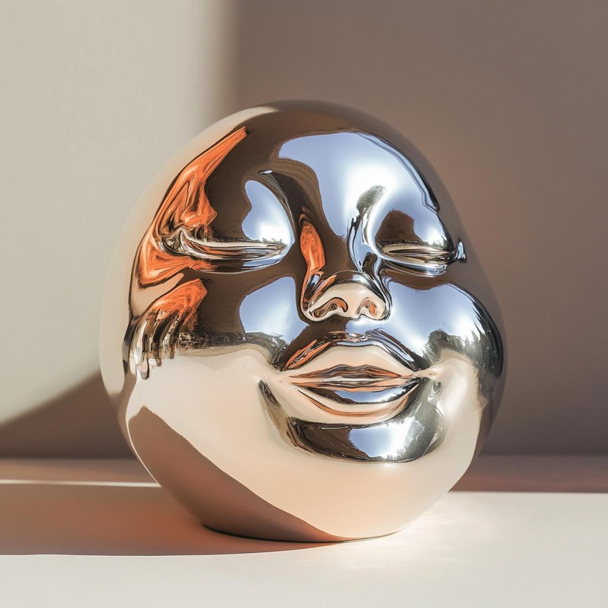 A piggy bank for coins in the form of a persons face with big pouting cheeks. Futuristic