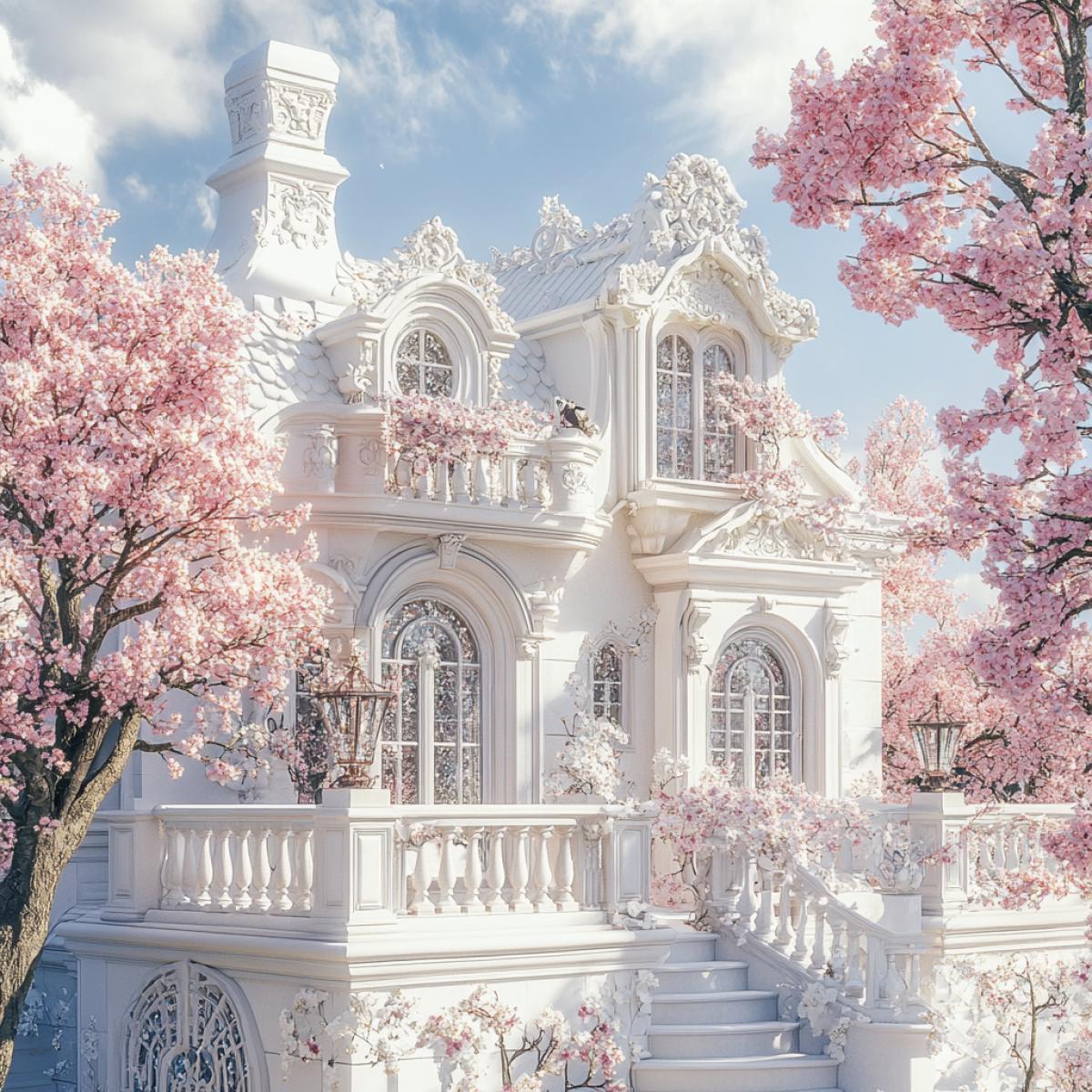 A fairytale house, with a white roof, carved windows, graceful shiny diamonds, stone fence white basreliefs are strewn with rhinestones, pillars with luminous lanterns of white, pink trees. Beautiful spring flowers, diamond chips, shine, beauty. Pink on white. Professional photo, 4K, high detail, realistically