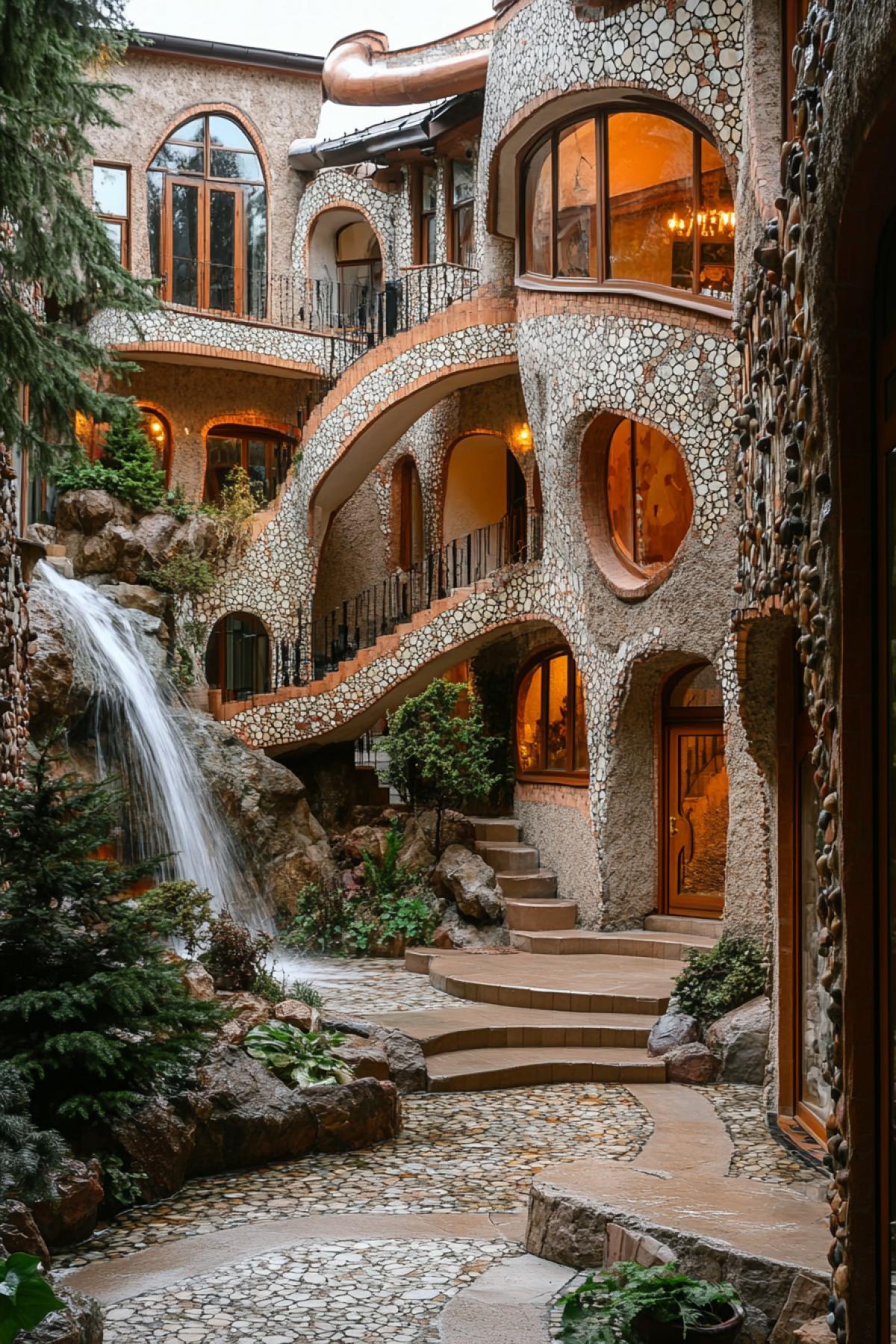 The architectural building, several floors, the complex work of masters, decorated with bright stones, with a waterfall, motherofpearl glass, with a beautiful courtyard with motherofpearl pebbles.
