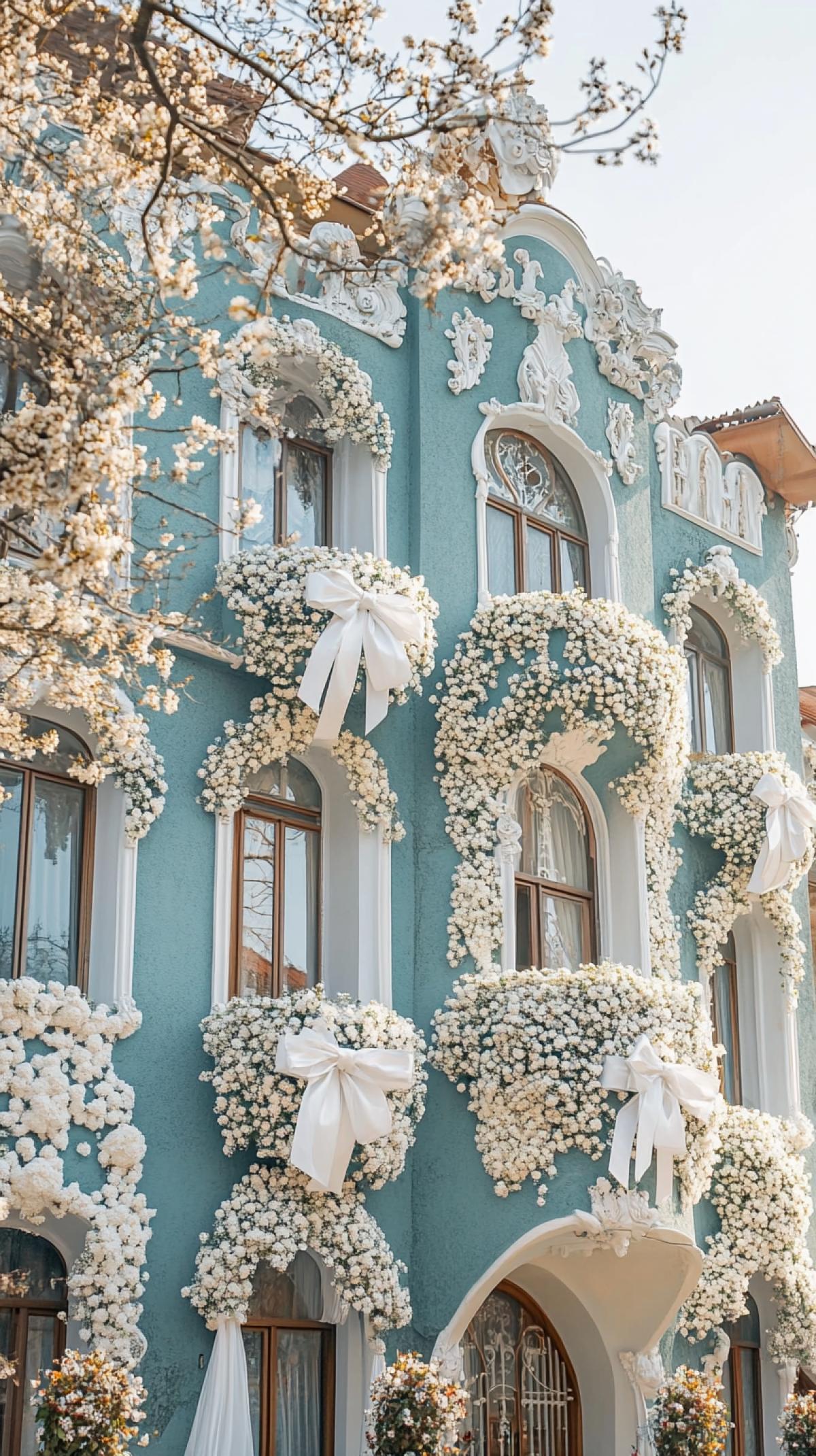 The building is decorated with white bows and flowers. Professional photo. High detail