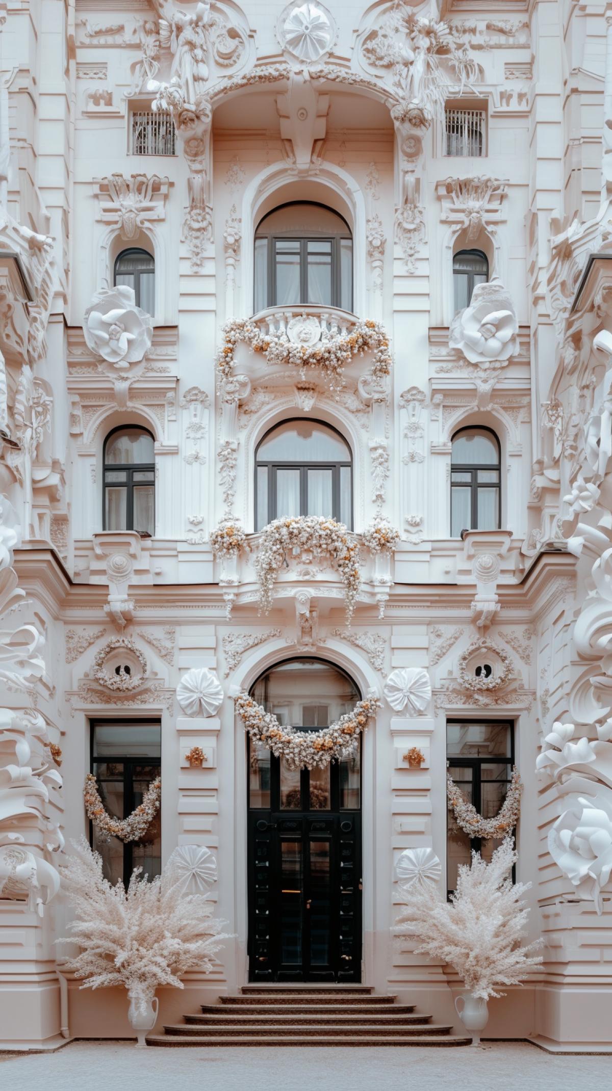 The building is decorated with white bows and flowers. Professional photo. High detail