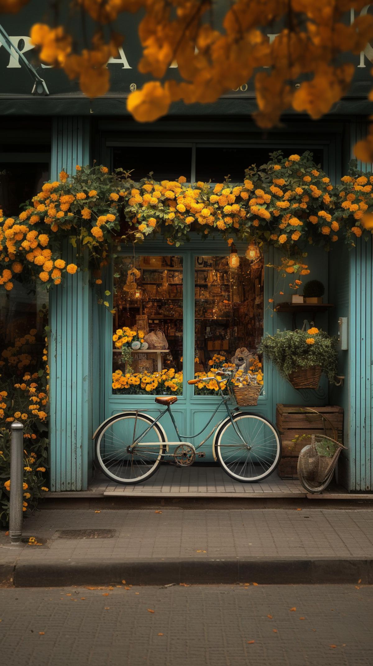 Beautifully decorated shop window. Yellow flowers, bicycle. Professional photo, high detail. Photoshop