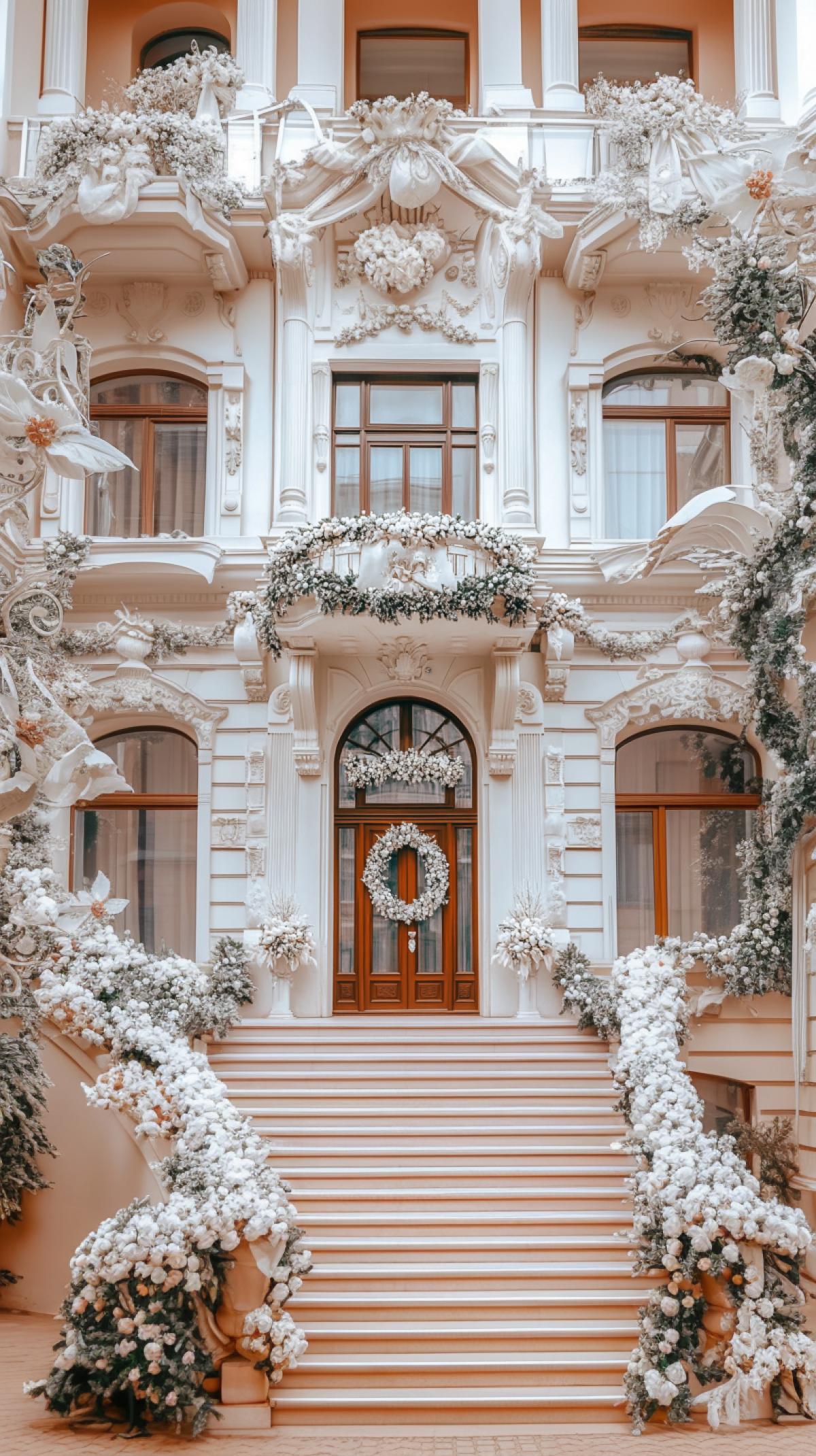 The building is decorated with white bows and flowers. Professional photo. High detail