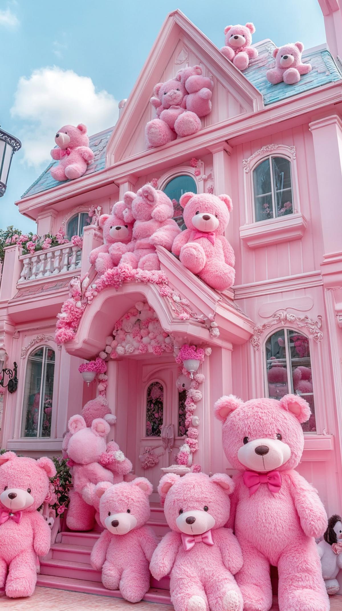 The building is decorated with plush bears. Pink pastel colors. Professional photo. High detail.