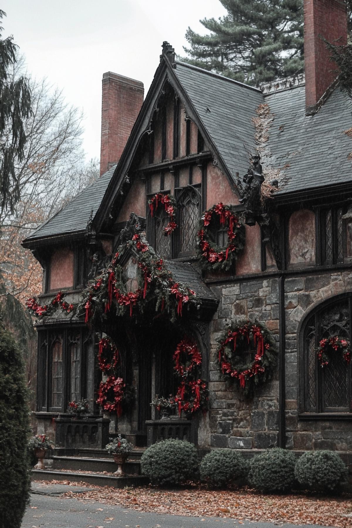 House decorated with cemetery wreaths, Gothic