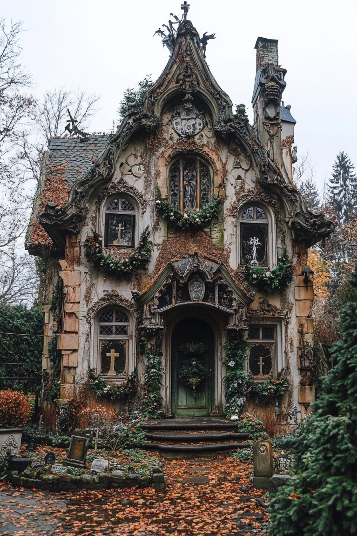 House decorated with cemetery wreaths, Gothic