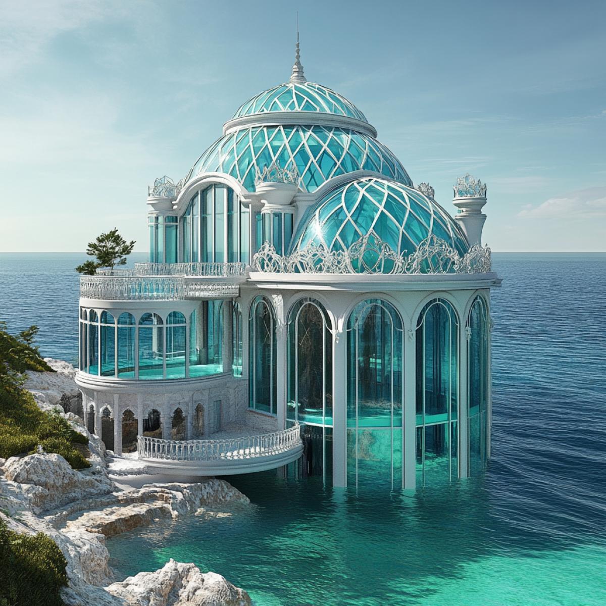 A glass house in the style of the ar-nuvo near the ocean. The roof in the form of a dome with scales, the unique fantastic shines, the color of the sea wave