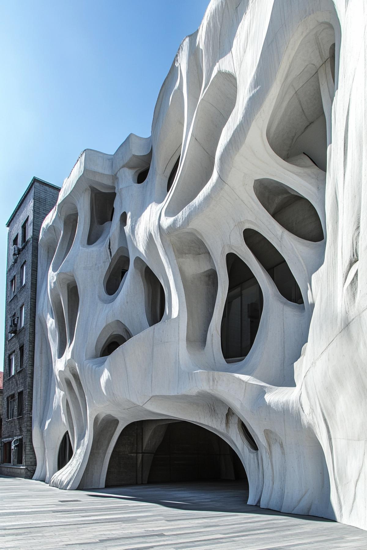The building as an art object with elegant walls, sculptures instead of columns, carved platbands. Futurism