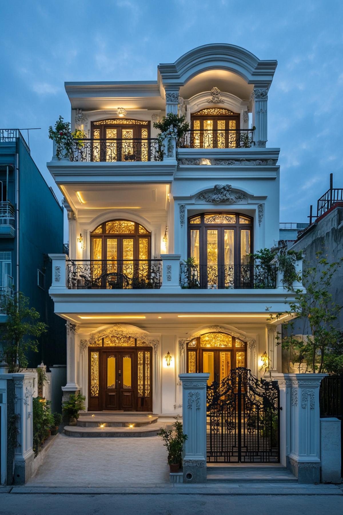 A building with elegant walls, with growth sculptures instead of columns, carved platbands on the windows. 4storey house