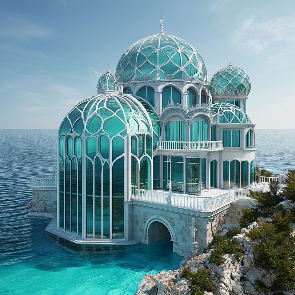 A glass house in the style of the ar-nuvo near the ocean. The roof in the form of a dome with scales, the unique fantastic shines, the color of the sea wave