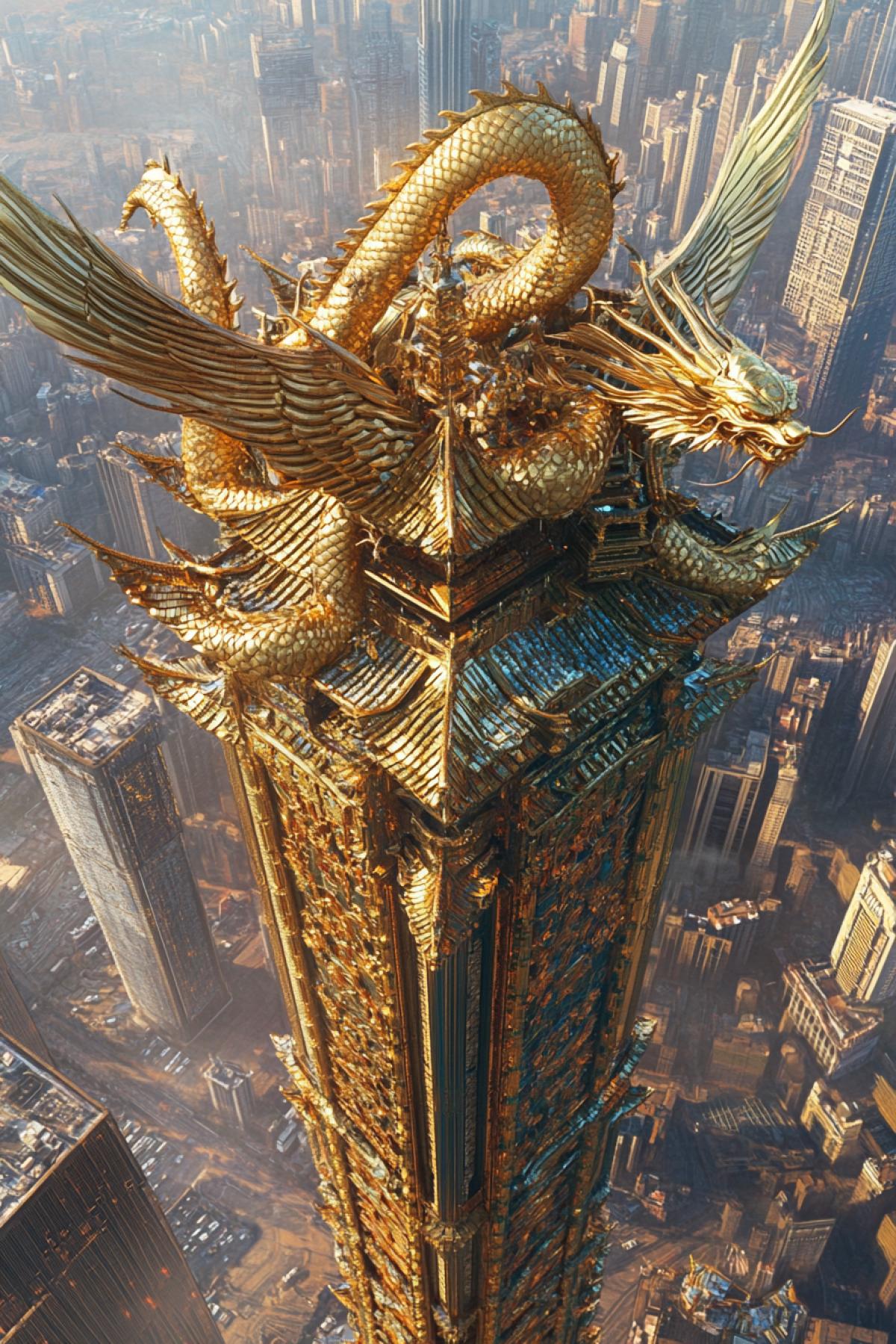 A majestic tower rising above a ling city, its exterior decorated with flowing reliefs of golden dragons intertwining across the structure. Sculpted wings protrude gracefully from the walls, catching the light and casting long shadows. The buildings surface is covered in glistening scales made of polished metal and jeweled inlays. Hyperrealistic textures, ultra-HD 8K, (Masterpiece: 1.5), (best quality: 1.5), dramatic lighting, architectural elegance, intricate details.