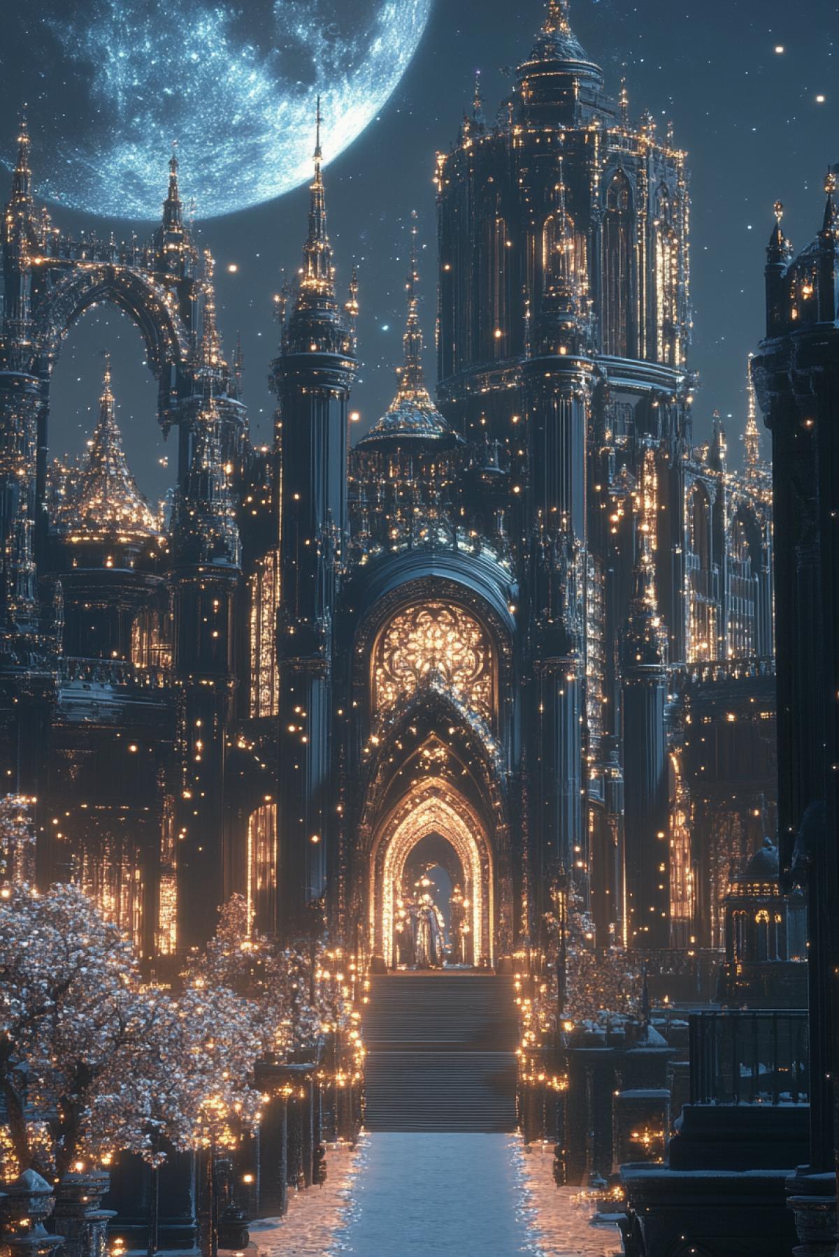 An opulent castle with deep obsidian walls adorned with luminous silver filigree, depicting constellations and mythical beasts. The structure is crowned with spires encrusted with dark gems that glow faintly under the moonlight. Delicate arches and vaulted ceilings are accented with carvings of night-blooming flowers and crescent moons. Hyperrealistic textures, ultra-HD 8K, (Masterpiece: 1.5), (best quality: 1.5), dramatic lighting, architectural elegance, intricate details.