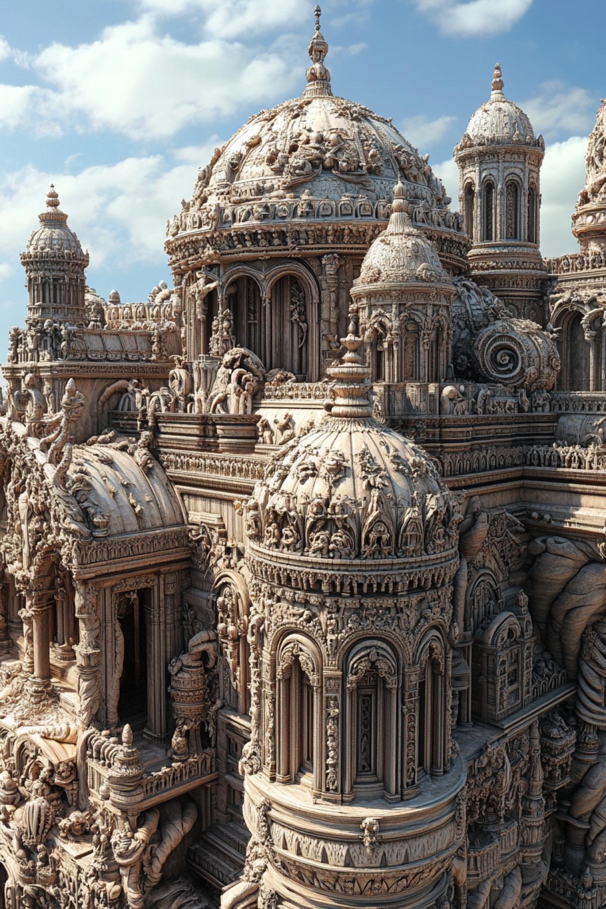 Majestic building crowned by domes and spires covered in intricately carved stone reliefs. Patterns of twisting vines, celestial symbols, and mythological creatures are engraved into the surface. Friezes depicting historical scenes wrap around the upper levels, adding depth and grandeur. Hyperrealistic textures, ultra-HD 8K, (Masterpiece: 1.5), (best quality: 1.5), precise detailing, elegant architectural ornamentation, rich contrast.
