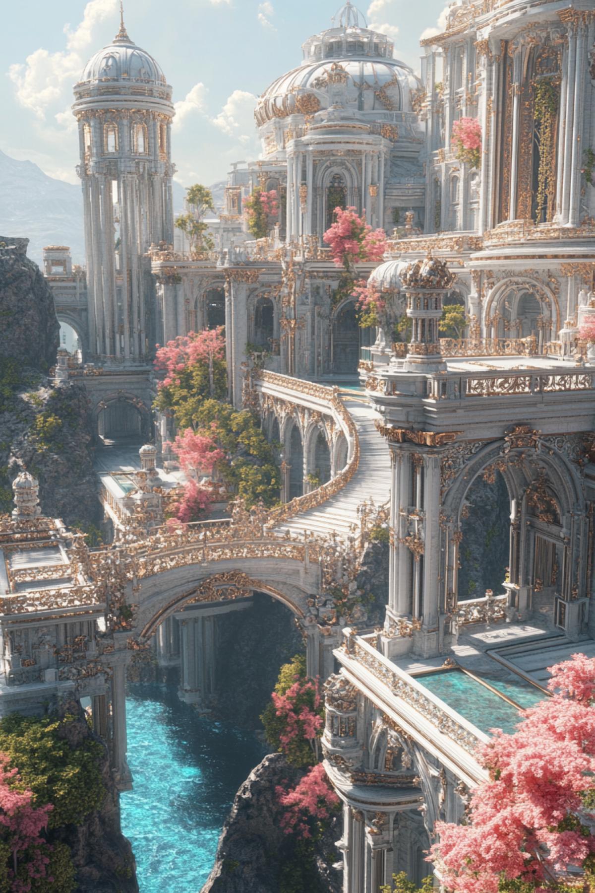A grand, multi-tiered palace with terraces that appear to float, connected by delicate bridges covered in intricately carved latticework. Each level features unique architectural stylesfrom classical marble columns to futuristic metal frameworks. Gardens filled with vibrant flowers and reflective water pools add to the visual richness. Hyperrealistic textures, ultra-HD 8K, (Masterpiece: 1.5), (best quality: 1.5), innovative architectural design, layered complexity, exquisite ornamentation.